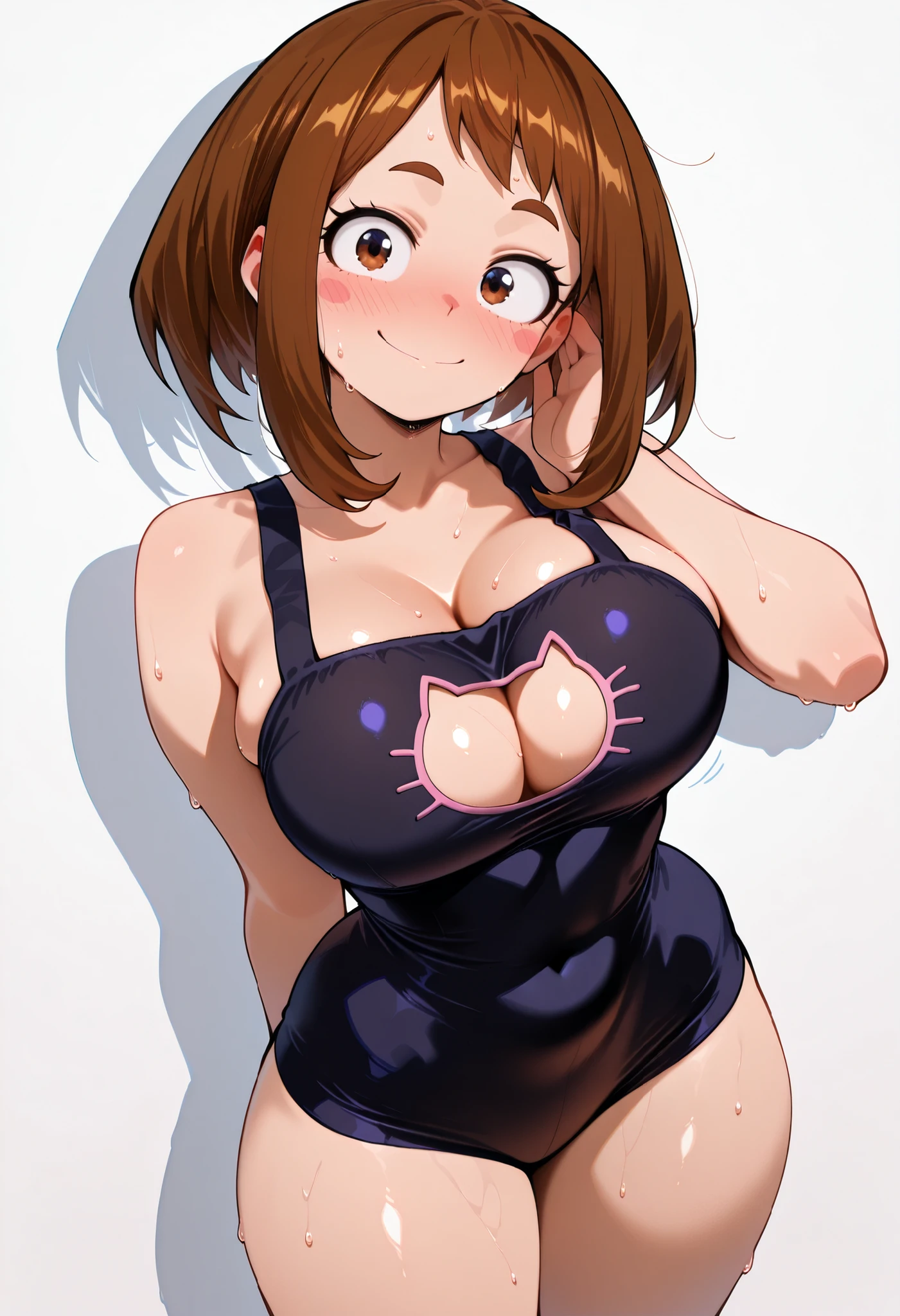 (masutepiece, Best Quality, hight resolution,, Perfect Pixel, depth of fields, 4K), Beautiful anime girl, Perfect body , uraraka ochako ,, ,,, cleavage, navel,, , , jewelry, , , sweat, , ,looking at viewer, , , ,, smile, , blush, with an extremely curvy and voluptuous figure, looking at viewer, shiny skin, shiny hair, shiny body, clear body, nose blush, BREAST FOCUS,, tight clothes completely flat white and empty background,, bubbling breasts, SOLO, white background, empty background, LARGE BREASTS, STANDING, POSING, contrapasso, view from front,  cat cutout dress <lora:catcutout-08:1>