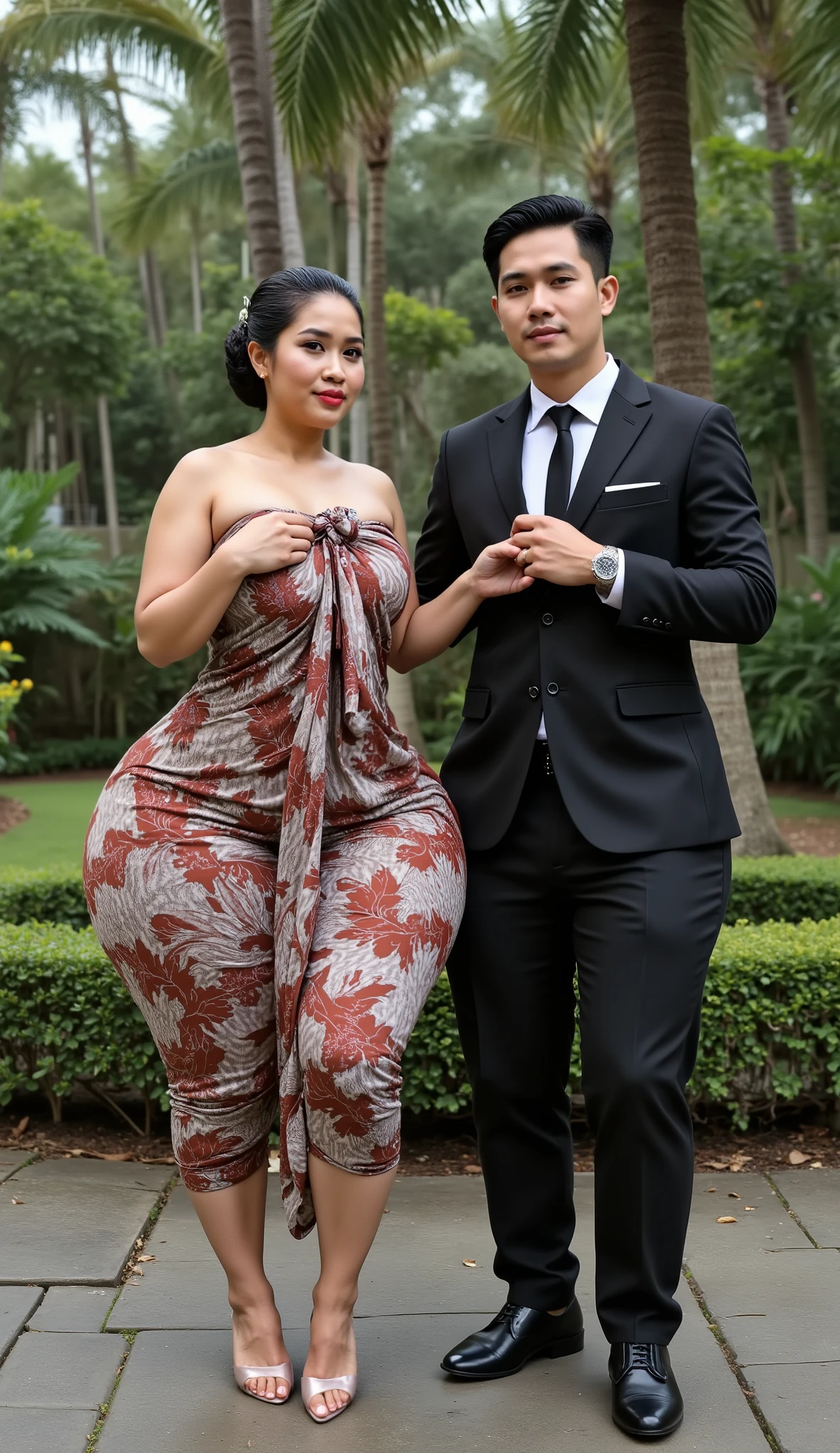An indnesian attractive mature woman with a provocative curvaceous body, is 60 years old and has a figure with prominent curves, a plump with perfect proportions curves, generous curves and plus-size, a body with an hourglass figure, her voluptuous wide hips harmonize with slender wasp waist, with wide legs and wide thighs well-shaped, and her butt in good shape, plump and shaped buttocks. She has characteristics typical of her age, slight wrinkles on her face and gray hair, long hair with an elegant Bun style hairstyle, has beautiful and fine facial features. She wore a loose batik kemben and wear transparent glass heels. She is in a beautiful garden adorned for a wedding, she is a bride for her young son who is tall and thin, 20 years old. He was wearing a black suit and had black hair, He is next to her, look face to face , he holds her with passion and places his hand close to her buttocks and his other hand hold her breast. they was captured is a modern hyperrealistic cinematic style, captured on a full body overview, with hyperrealistic details and good focus quality.