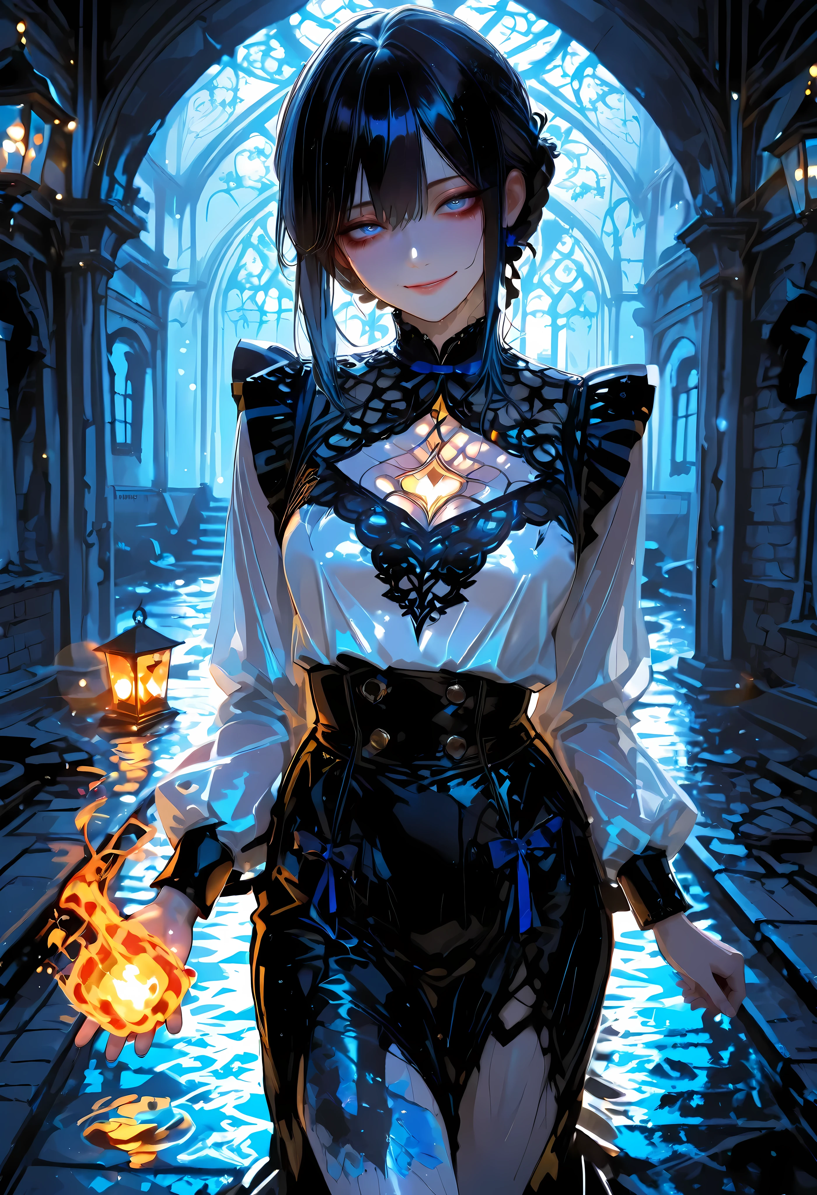 Haunted Castle、1 Midnight、The girl who lost her way、long black hair,Fireball in hand、Lantern Lights、I'm not scared at all!、Lightning echoes、girl wet in the rain、big mansion like a castle、 Ghosts、dimly lit room、State of Ruins、Only ghost eyes light up,shortcuts,unkempt hair,Short braided hair,Neat,slender beauty,correct posture,small breasted,Beautiful legs,Enchanting Gray-Blue Eyes Shine Like Stars,Saggy Eyes,Brilliant Colors,beautiful eyes,A delicate smile,Textured Skin,Best quality at its best,gentle and beautiful woman,anime style、Seimitsu、4K resolution、High Quality、Super Detailed、Realistic、Realistic、HDR、UHD、STUDIO LIGHT、Transcendental Depiction、Clear Focus、PBR Rendering、Professional、Brilliant Colors彩、bokeh effect