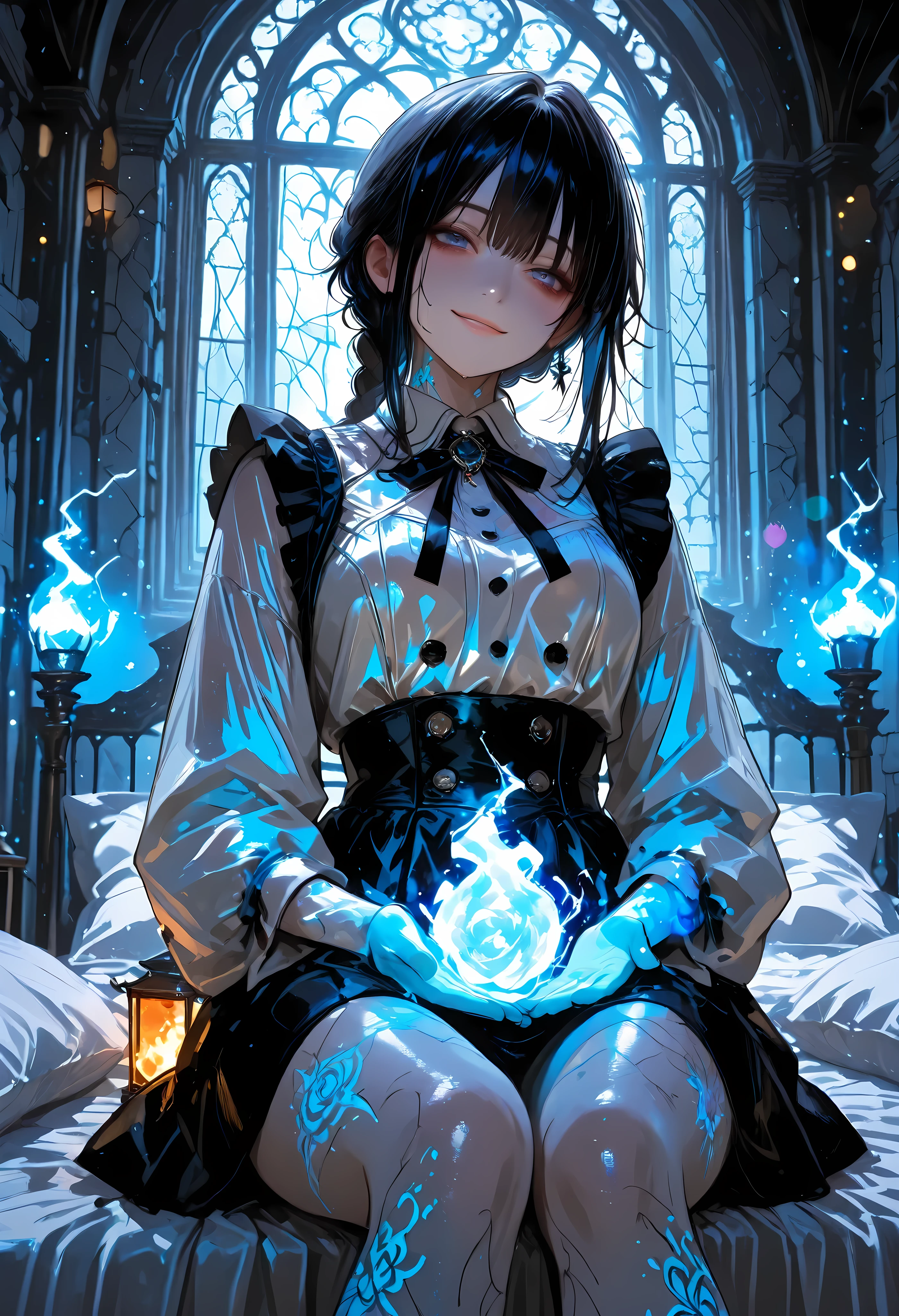 Haunted Castle、1 Midnight、The girl who lost her way、long black hair,Fireball in hand、Lantern Lights、I'm not scared at all!、Lightning echoes、girl wet in the rain、big mansion like a castle、 Ghosts、dimly lit room、State of Ruins、Only ghost eyes light up,shortcuts,unkempt hair,Short braided hair,Neat,slender beauty,correct posture,small breasted,Beautiful legs,Enchanting Gray-Blue Eyes Shine Like Stars,Saggy Eyes,Brilliant Colors,beautiful eyes,A delicate smile,Textured Skin,Best quality at its best,gentle and beautiful woman,anime style、Seimitsu、4K resolution、High Quality、Super Detailed、Realistic、Realistic、HDR、UHD、STUDIO LIGHT、Transcendental Depiction、Clear Focus、PBR Rendering、Professional、Brilliant Colors彩、bokeh effect