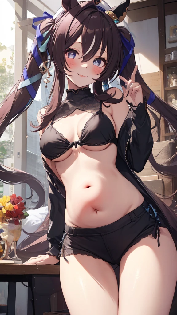 top-quality、Full limbs、complete fingers、1 beautiful woman、sweat、oil、Slender beauty、straight haired、Brown hair、french braid、head tilt、((black Nurse bikini、covered erectile nipples、very skinny))、cleavage、black nurse hat、White pantyhose、hospitals、Hospital Room、on Patient bed、(stethoscope)、((((vulgarity))))、spoken heart、(bikini tan:1.5)、