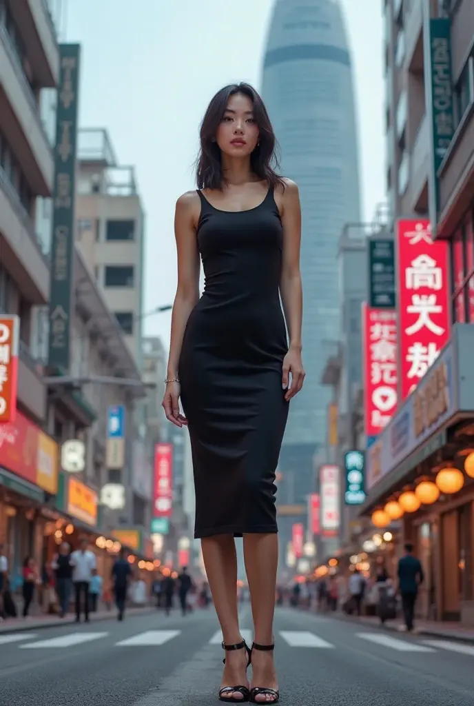 (((best quality))),(((ultra detailed))),(((masterpiece))),illustration,1girl,slim,vibrant rose-pink cotton dress,short ponytail,pantyhose,standing, bustling city streets, honking cars,surrounded by crowded crowds, colorful advertisements,enjoying sights and sounds,(dark black skin:1.5),day scene,upper body,from front, back,towering ,