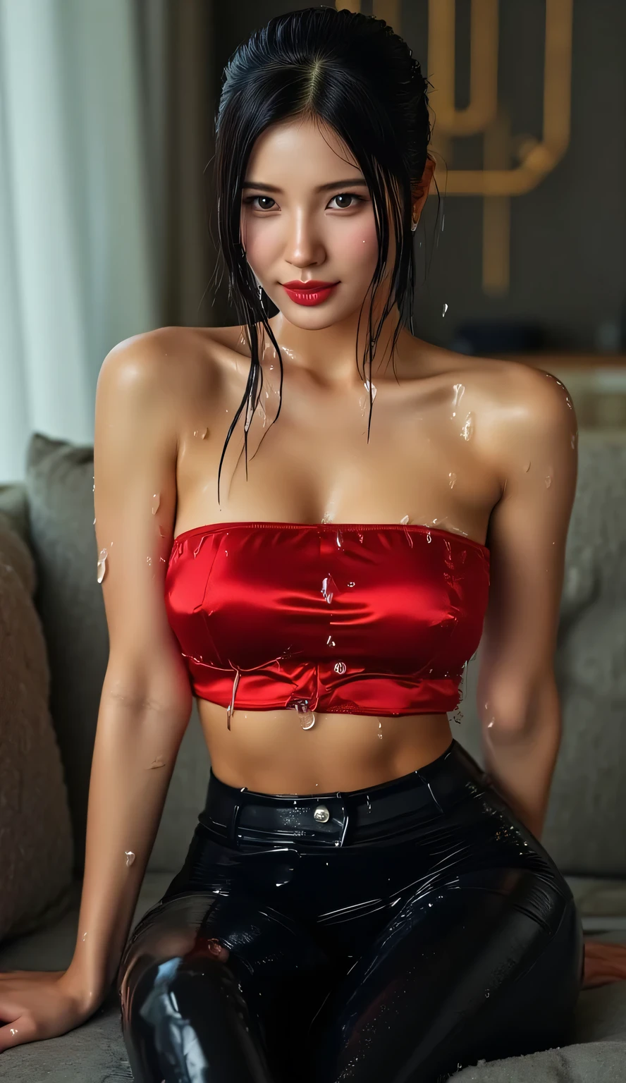 Elegant adult woman sitting on a plush living room sofa, body positioned directly facing the camera, front-facing POV, wearing a strapless red satin bra highlighting her large breasts, tight black full-length leggings accentuating her curves, long black hair styled in a sleek ponytail, glistening wet body and clothes after shower, water droplets cascading down her skin, vibrant red lipstick drawing attention to her parted lips, water beading on her exposed shoulders and cleavage, soft ambient lighting, luxurious modern living room setting, high resolution photography, photorealistic quality, sharp focus, cinematic lighting, professional portrait, anatomically correct, masterpiece