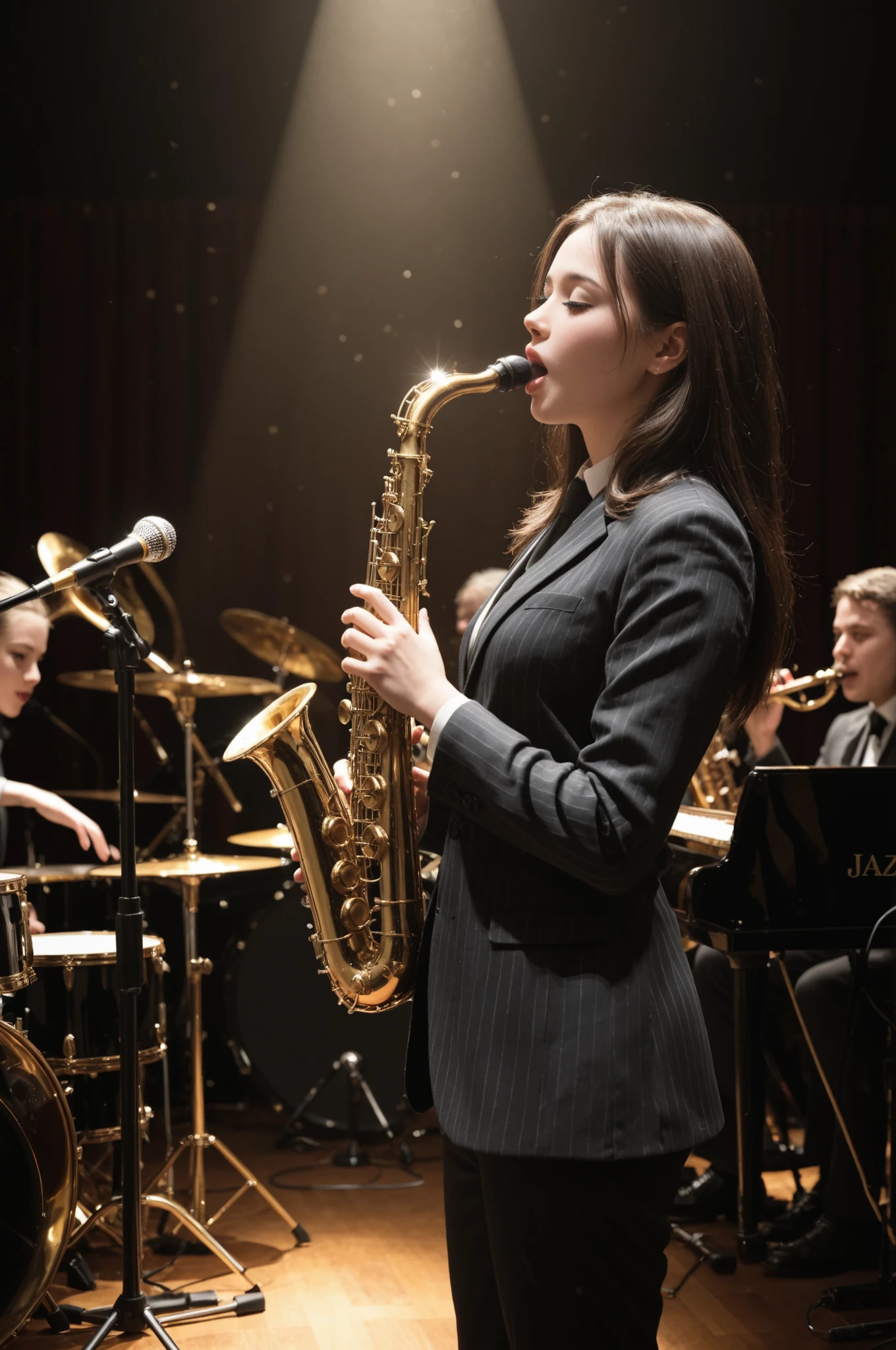 live music club,Solo part of a jazz band,playing saxophone with a mysterious expression in the spotlight. The audience holds its breath,lost in the music.