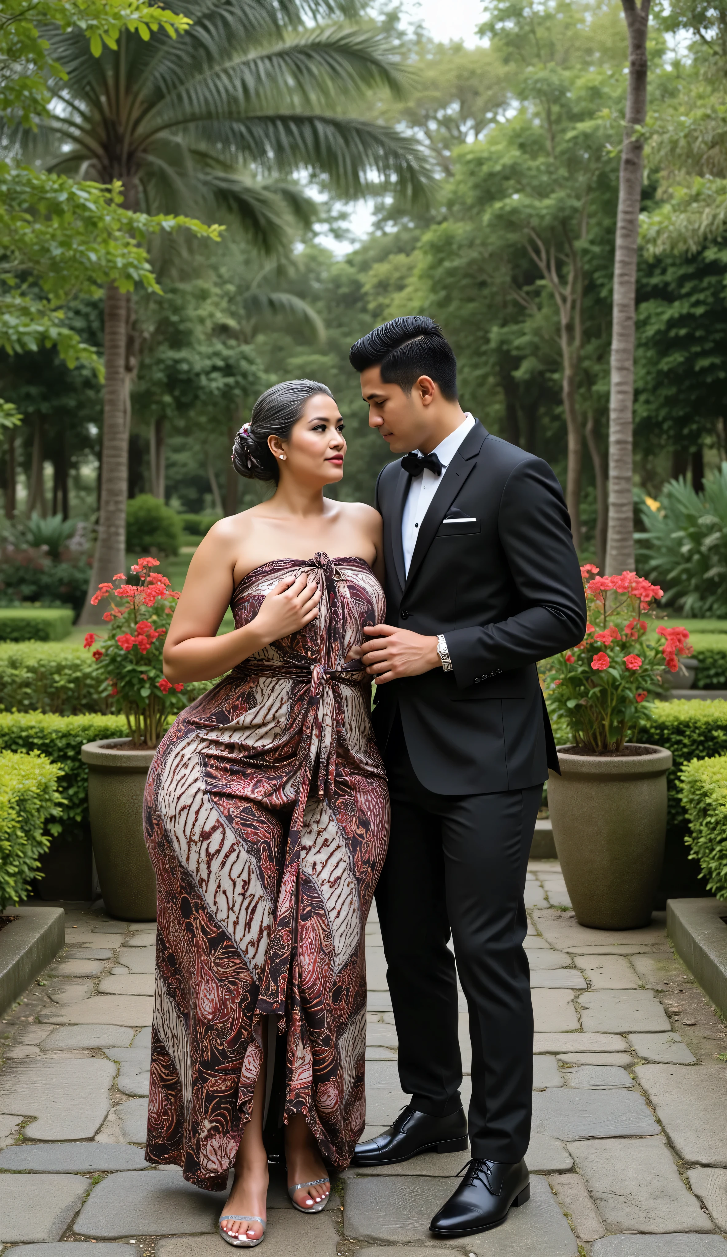 An indnesian attractive mature woman with a provocative curvaceous body, is 60 years old and has a figure with prominent curves, a plump with perfect proportions curves, generous curves and plus-size, a body with an hourglass figure, her voluptuous wide hips harmonize with slender wasp waist, with wide legs and wide thighs well-shaped, and her butt in good shape, plump and shaped buttocks. She has characteristics typical of her age, slight wrinkles on her face and gray hair, long hair with an elegant Bun style hairstyle, has beautiful and fine facial features. She wore a batik kemben dress and wear transparent glass heels. She is in a beautiful garden adorned for a wedding, she is a bride for her young son who is tall and thin, 20 years old. He was wearing a black suit and had black hair, He is next to her, look face to face , he holds her with passion and places his hand close to her buttocks and his other hand hold her breast. they was captured is a modern hyperrealistic cinematic style, captured on a full body overview, with hyperrealistic details and good focus quality.