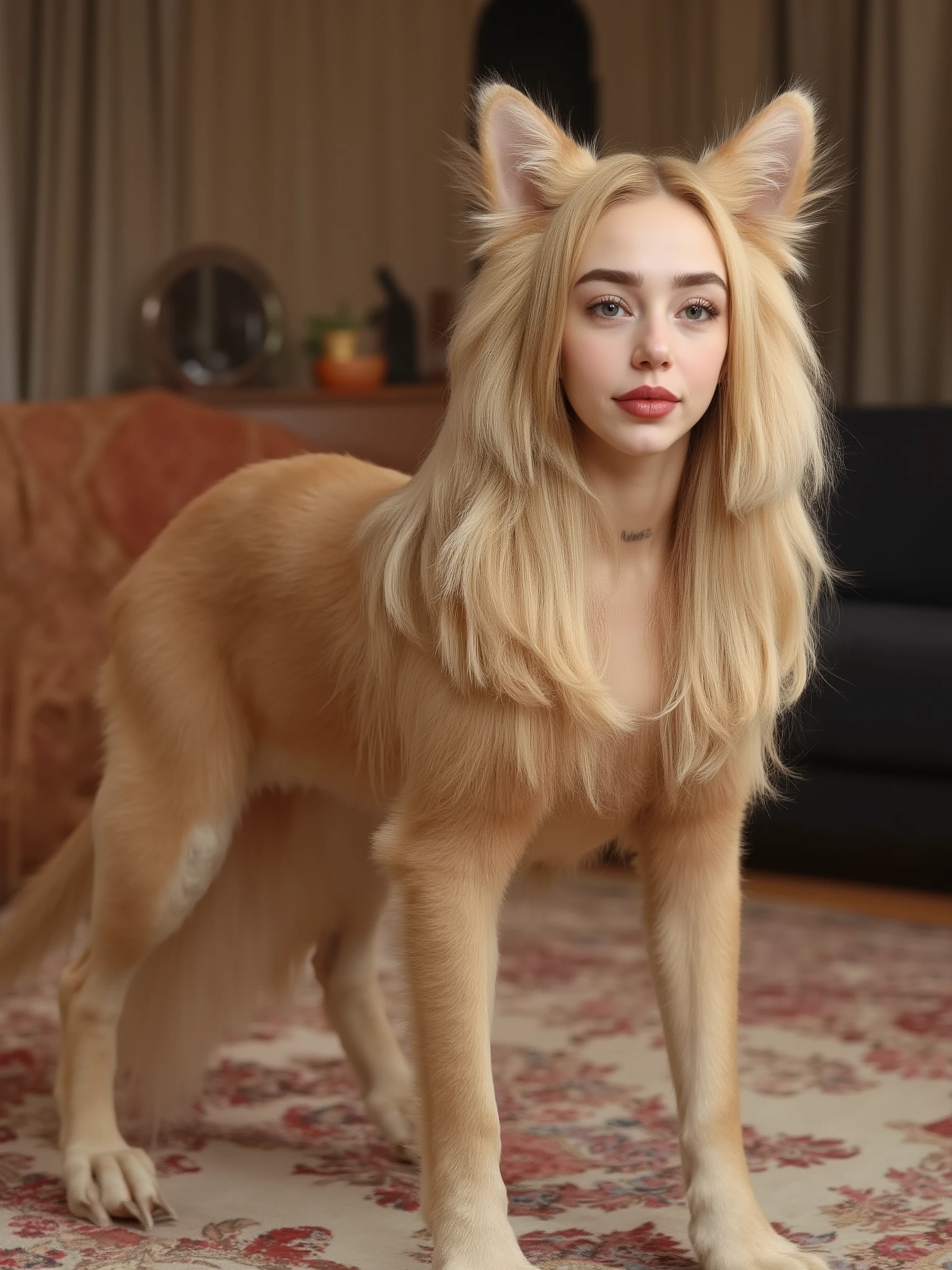 (masterpiece, high quality, high resolution hairstyle, hyperrealistic photograph), Majestic female anthropomorphic dog, hybrid creature standing on the ground on its four legs, humanized canine anatomy in an elegant posture, beautiful female face with delicate features, long, silky blond hair that falls on the shoulders, canine ears that crown their head, bright and expressive canine eyes, body completely covered with soft and shiny fur, long and graceful tail moving to maintain balance, height proportional to an adult woman, defined canine muscles under the coat, proud and elegant posture, Flirty and happy. Modern home interior, LED lighting that creates defined shadows and dramatic contrasts, detailed realistic textures, perfect details of hair and skin, 8K, professional lighting , balanced composition, depth of field