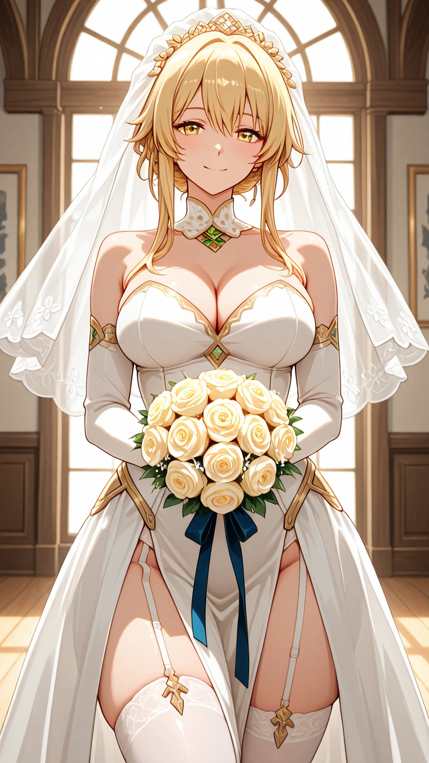 blonde hair, french braid, single hair bun, green eyes, ahoge, white bodysuit, elbow gloves, zippers, cleavage, detached collar, padlock, chain, bare legs, thigh boots, flower wreath, veil, indoors, church, bouquet, smile, closed eyes, smile, blushing, looking at viewer <lora:Mochiron_yo_da_yo:1>, score_9, score_8_up, score_7_up, score_6_up, score_5_up, score_4_up, BREAK source_anime, masterpiece