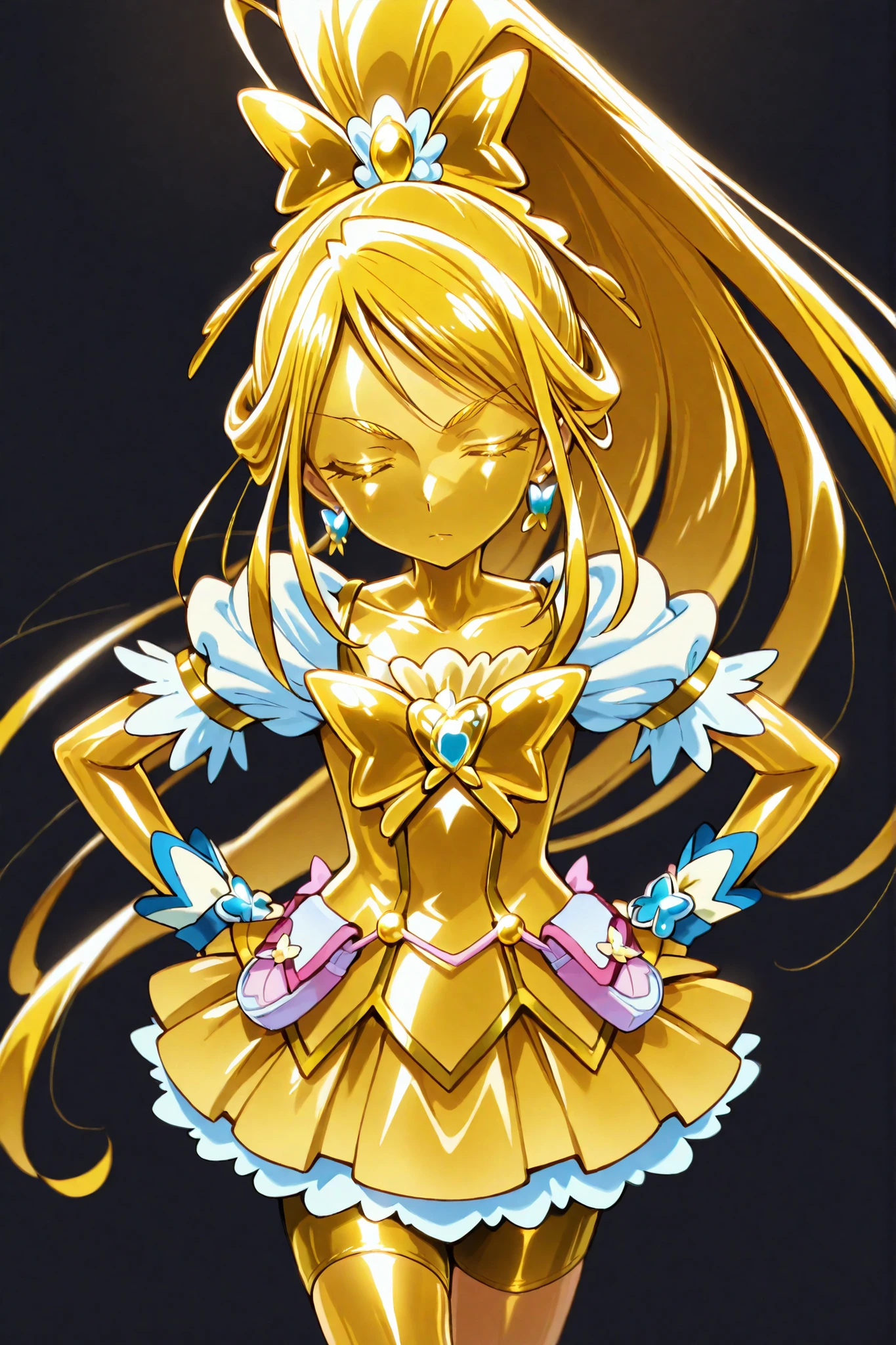 Cure Aqua, masterpiece, Highest Quality, Newest, very high resolution, closed eyes, gold髪, yellow sclera, close their mouths, no student , yellow skin, shiny skin, gold属の肌, Black eyebrows, Drooping eyebrows, 1girl, solo, cowboy shot in elaborate denim, standing, dynamic, is watching viewers, I'm sleeping, serious expression, Black Background, Place your hands on her hips , wide ponytail, gold_Butterfly Brooch , gold_shorts, gold_butterfly hair ornaments, long hair, gold_shorts, ponytail, Magical Girl, gold_skirt, bike shorts, gold_shorts under skirt, hair ornaments, gold_gem, high ponytail, Metallic Outfit