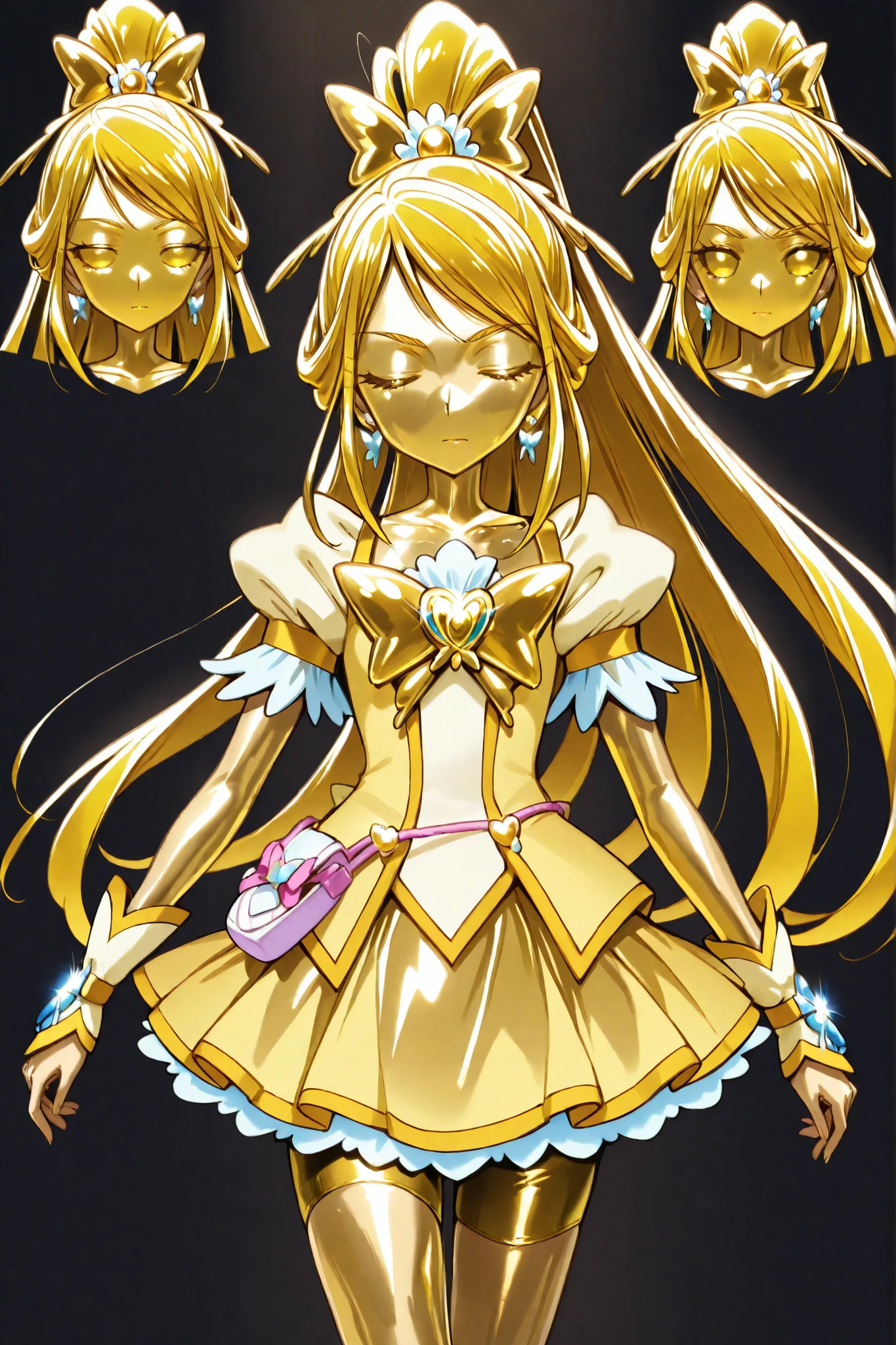 Cure Aqua, masterpiece, best quality, Newest, very high resolution, closed eyes, yellow hair,  yellow sclera, closed mouth, No students, Yellow skin, SHINY SKIN,  metal skin, Black eyebrows, Hanging eyebrows, 1girl, solo, cowboy shot, standing, Dynamic, watching viewers, sleeping, Serious Expressions, black background, Hands on Her Hips, wide ponytail, Gold_butterfly brooch , Gold_shorts, Gold_butterfly hair ornament, long hair, Gold_shorts, ponytail, Magical Girl, Gold_skirt, bike shorts, Gold_shorts under skirt, hair ornament, Gold_gem, high ponytail, metallic outfit