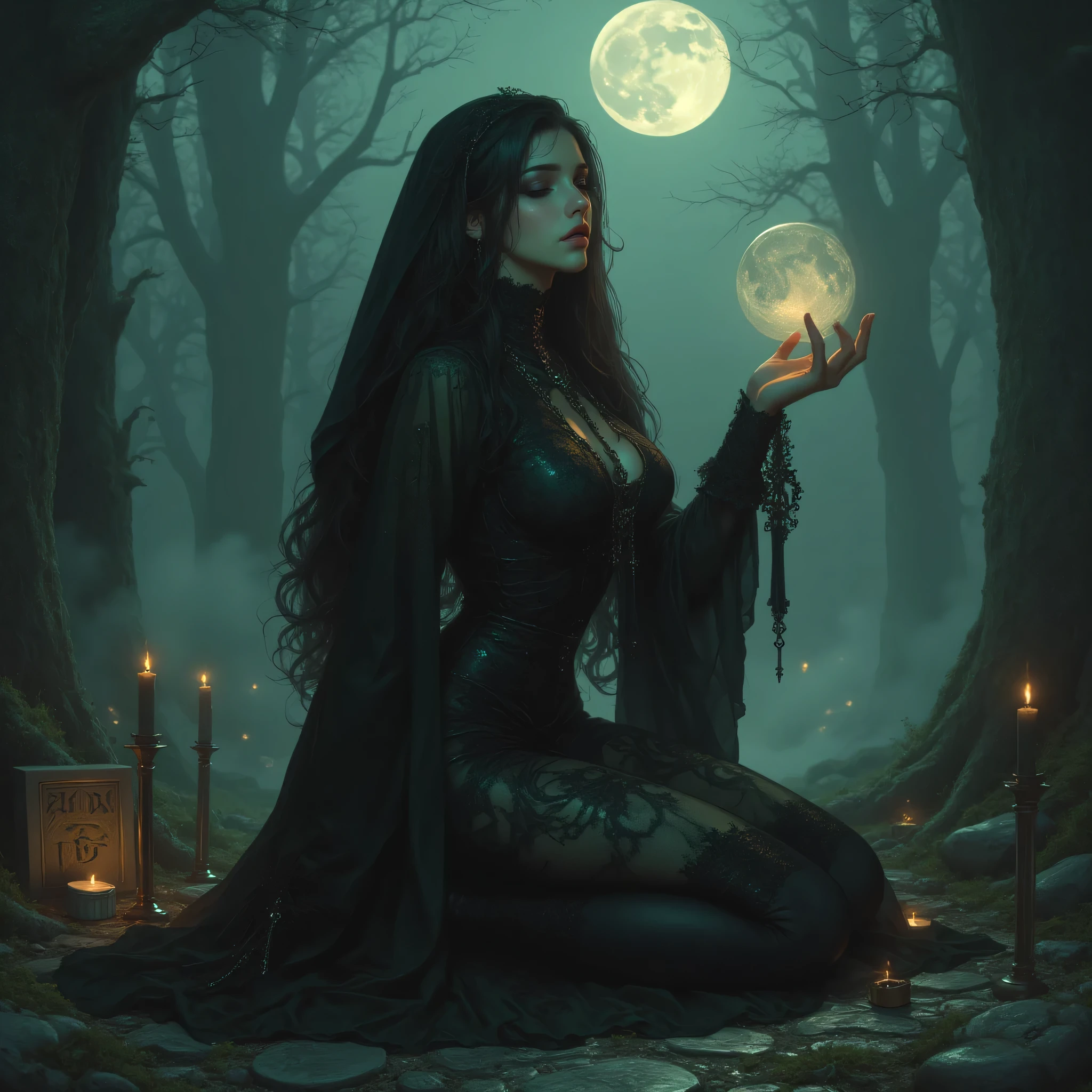 A mysterious gothic witch performing a ritual under a full moon. Her long black wavy hair cascades softly over her shoulders. Dressed in a flowing black lace gown with subtle shimmer, she kneels gracefully, holding a glowing orb in her delicate hands — fingers detailed and natural. Her emerald eyes glow faintly, reflecting the magic energy surrounding her. Mist and flickering candles illuminate the scene, revealing carved runes on nearby stones.
ultra-realistic, cinematic lighting, detailed hands and eyes, perfect anatomy, gothic fantasy, mystical forest, foggy atmosphere, high-resolution, 8K, masterpiece composition, enchanted tone.
