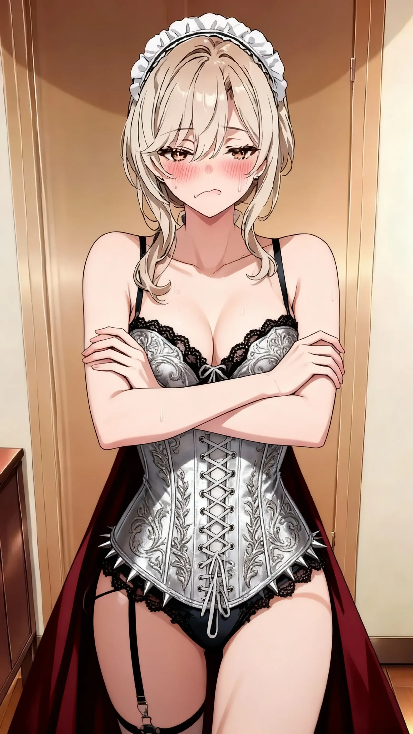 a beautiful girl with detailed face, long eyelashes, pastel pink lingerie with white details, black microskirt, thigh high stockings, garter belt, looking at camera with smile, masterpiece, hyperrealistic, 8k, intricate details, studio lighting, ethereal, elegant, glamorous