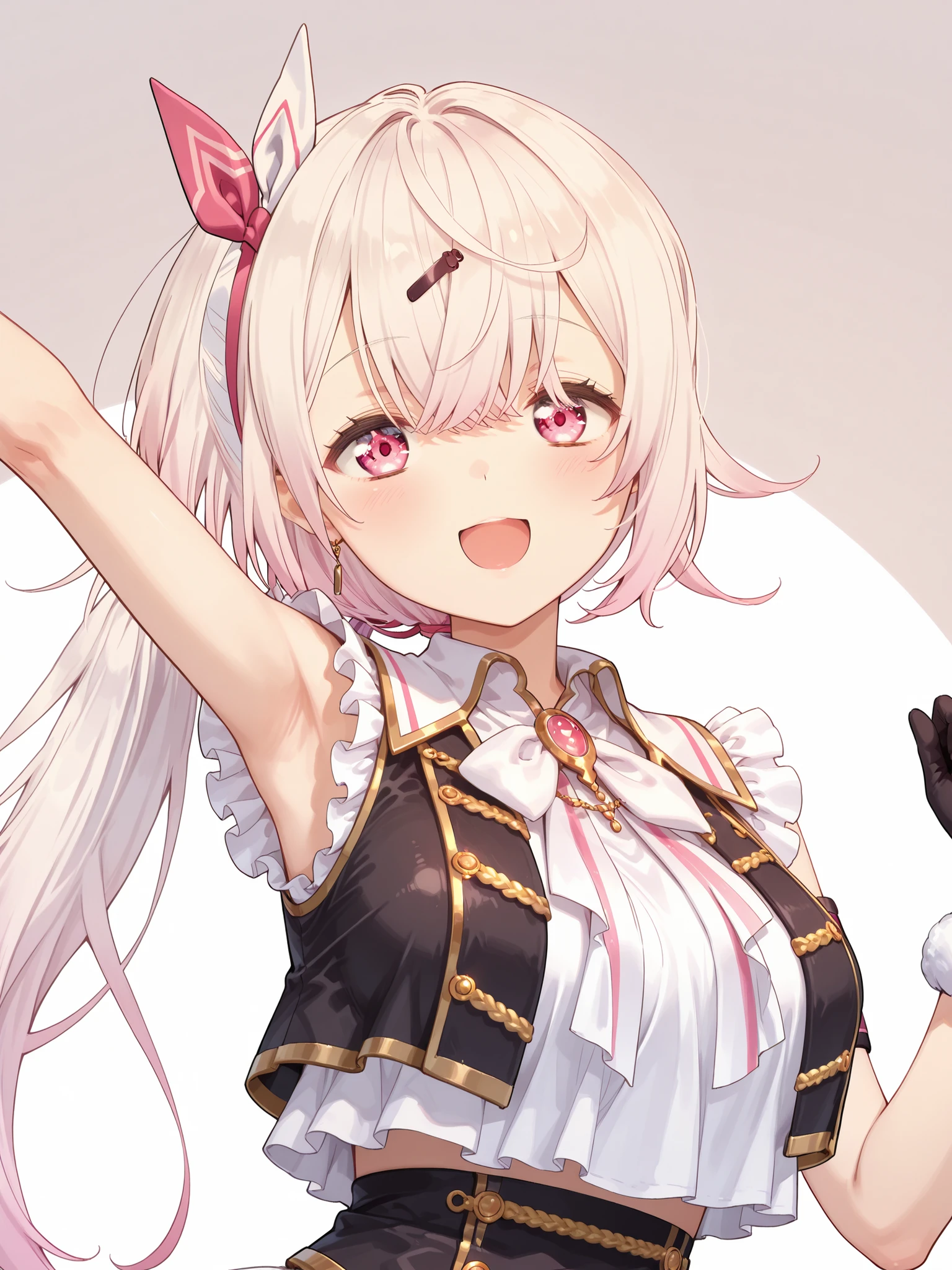 nijiyuikacos,white shirt,frilled shirt,shirt overhang,sleeveless,black vest,crop top vest,open vest,aiguillette,gold trim,white bow,pink brooch,single armband,black armband,white skirt,frilled skirt,layered skirt,black thigh strap,fur-trimmed gloves,,nijiyuika,large breasts,pink eyes,gradient hair,light pink hair,white hair,round face,long hair,hair over one eye,low ponytail,hair ribbon,hairclip,white background