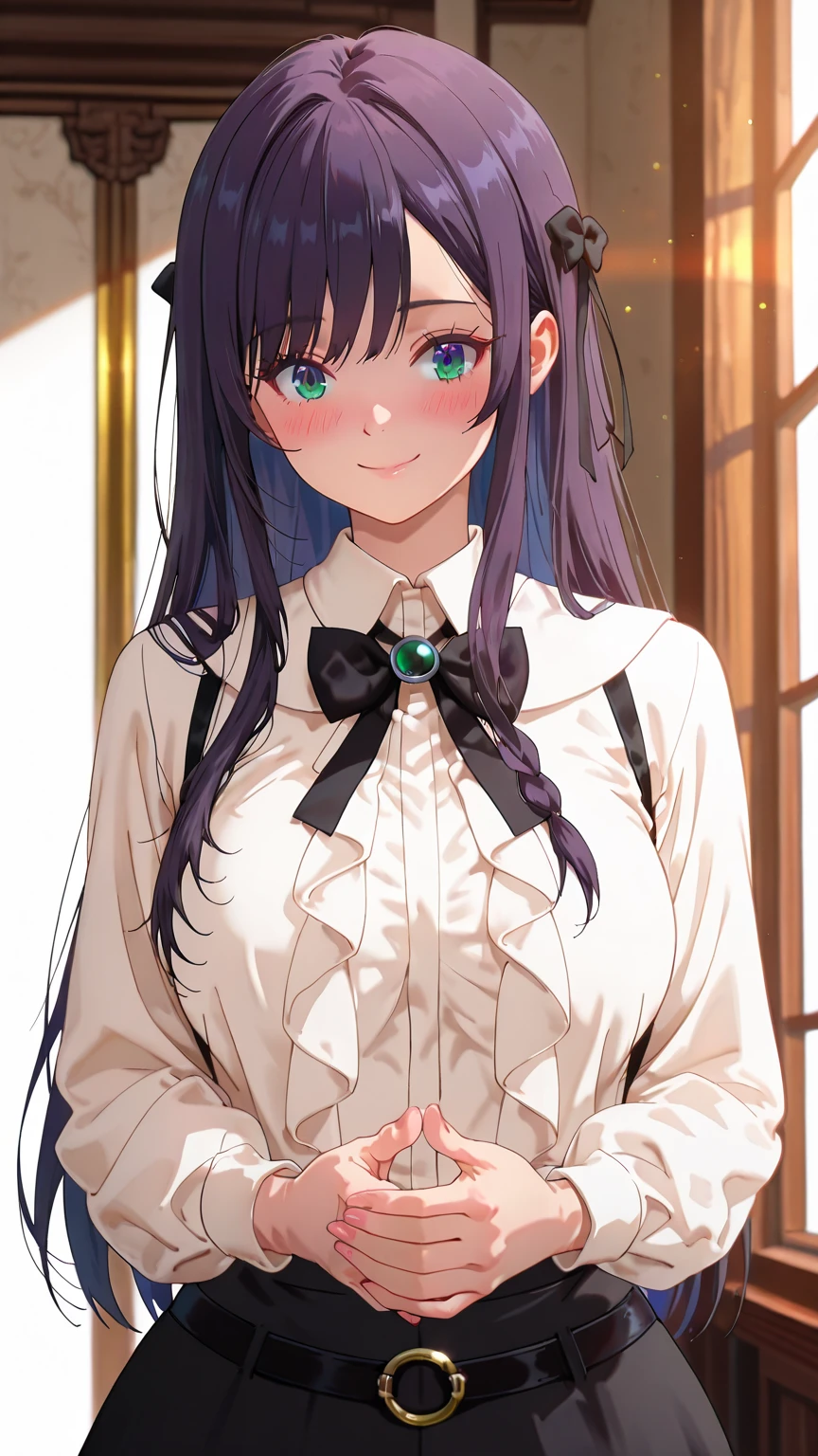 Junior high school student who looks like an elementary school student, 14 years old, very short, 140 cm tall, black hair with a slight green tinge, short ahoge, beautiful long hair but with a little hair sticking out, beautiful round eyes, blue eyes, smile, boyish, long sleeves, Thick clothes, skirt, , hair longer than waist, long hair, childish face, gentle smile, a little shy, black skirt, black hair with a slight green tinge, boyish, gentle smile, jacket one size larger, ( Deep greenish black hair: 1.3)