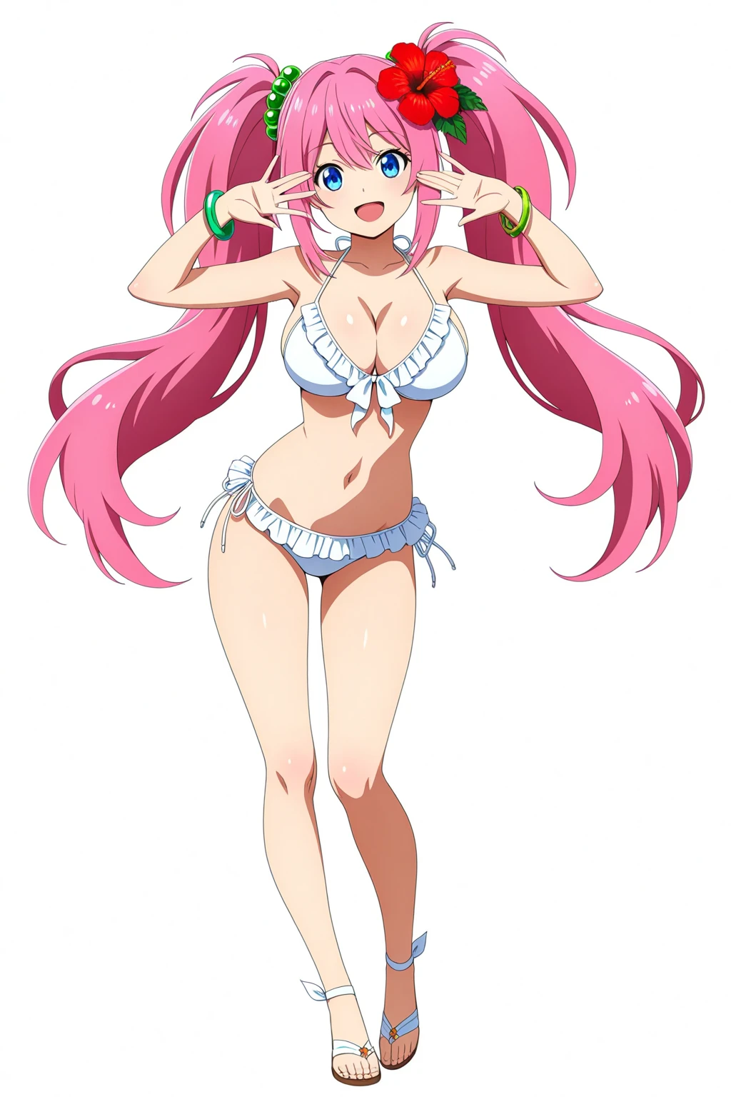 Himeji Mizuki,1girl,solo,white swimsuit,bikini,long hair,pink hair,purple eyes,smile,navel,breasts,shiny skin,blush,towel,hair ornament,medium breasts,looking at viewer,shiny,rabbit hair ornament,ass visible through thighs,thigh gap,skindentation,halftone,cowboy shot,multi-strapped bikini,halftone background,
<lora:Haga yui_FLUX:1>,