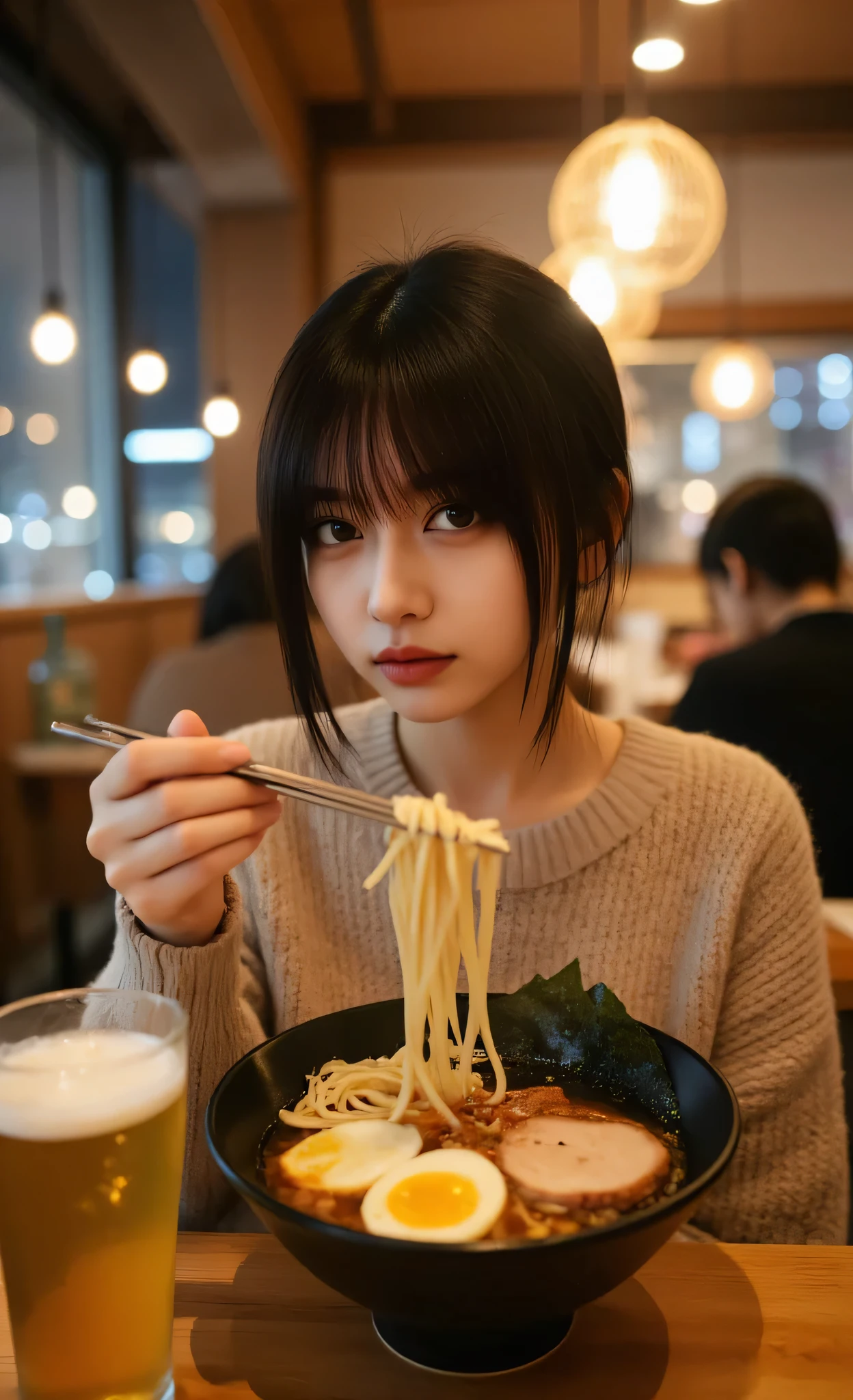 ultra-detailed photography, professional DSLR, belle femme coréenne à la peau impeccable, cute square hair cut with bangs, naturally pink lips, petite silhouette dans un pull en tricot oversize, assis au comptoir d'un bar à ramen de style Tokyo moderne la nuit, 3/Composition à 4 angles, ramen shoyu artistically arranged with an ajitama egg and pork chashu in focus, utilisant des baguettes pour soulever un brin de nouille parfait, warm and intimate lighting from hanging lamps creating a golden glow on the skin, ambiance du restaurant avec d'autres clients flous en arrière-plan, buée sur ses lunettes, condensation on a beer glass next to ramen, beautiful bokeh effect of city lights through the window, extreme detail of ramen broth showing oil droplets on the surface, éclairage photographique culinaire professionnel mettant en valeur les textures, detailed interior of the restaurant showing Japanese decor elements authentic