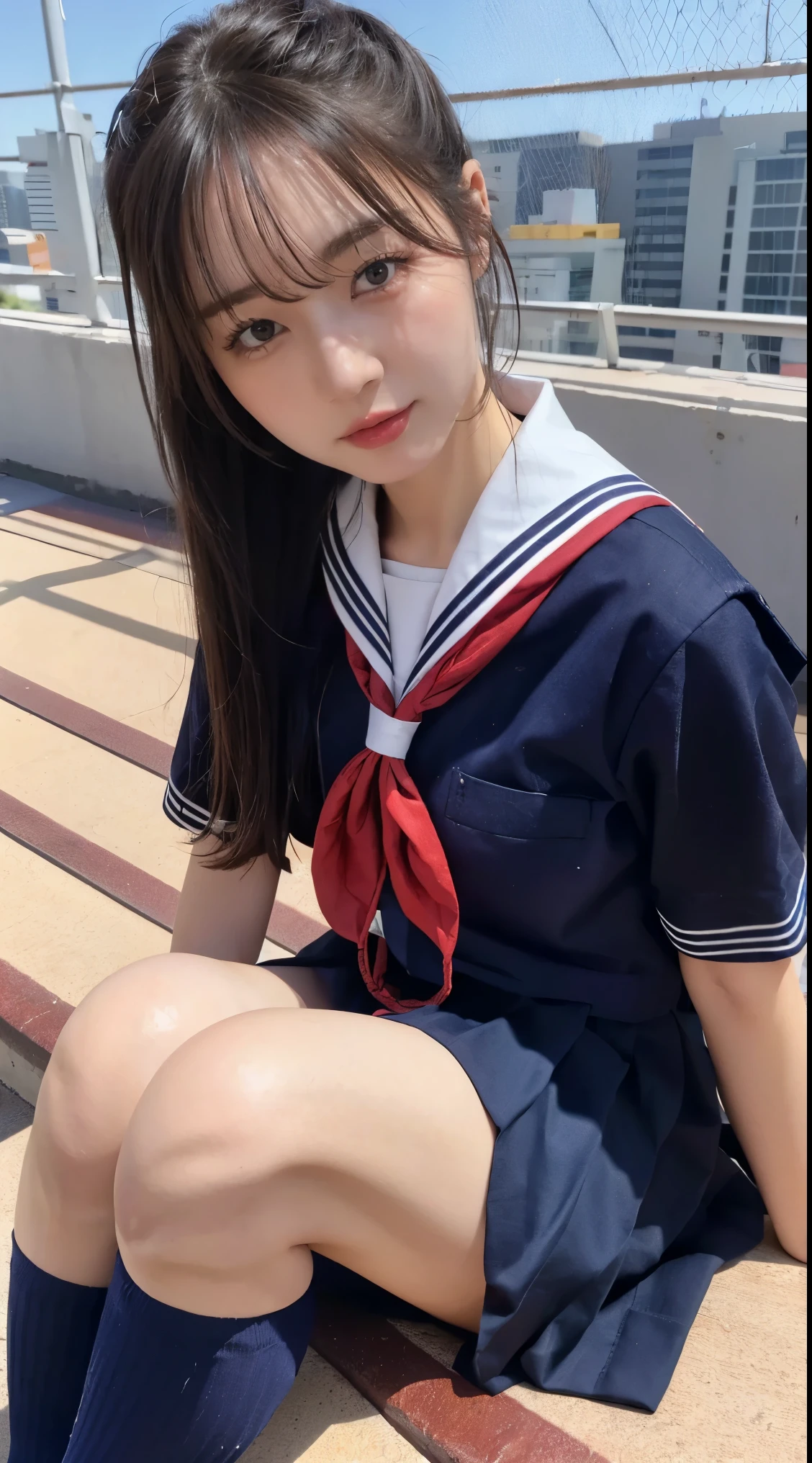 very realistic photo, (A beautiful Japanese girl is sitting directly on the floor of school rooftop., She is looking down and weeping.:1.3), sailor collared uniform, seifuku, panties, (dark blue pleated skirt), (school uniform, skirt, serafuku, pleated skirt, neckerchief, short sleeves, sailor collar, shirt, red neckerchief, dark blue socks, loafers), school rooftop, weeping,