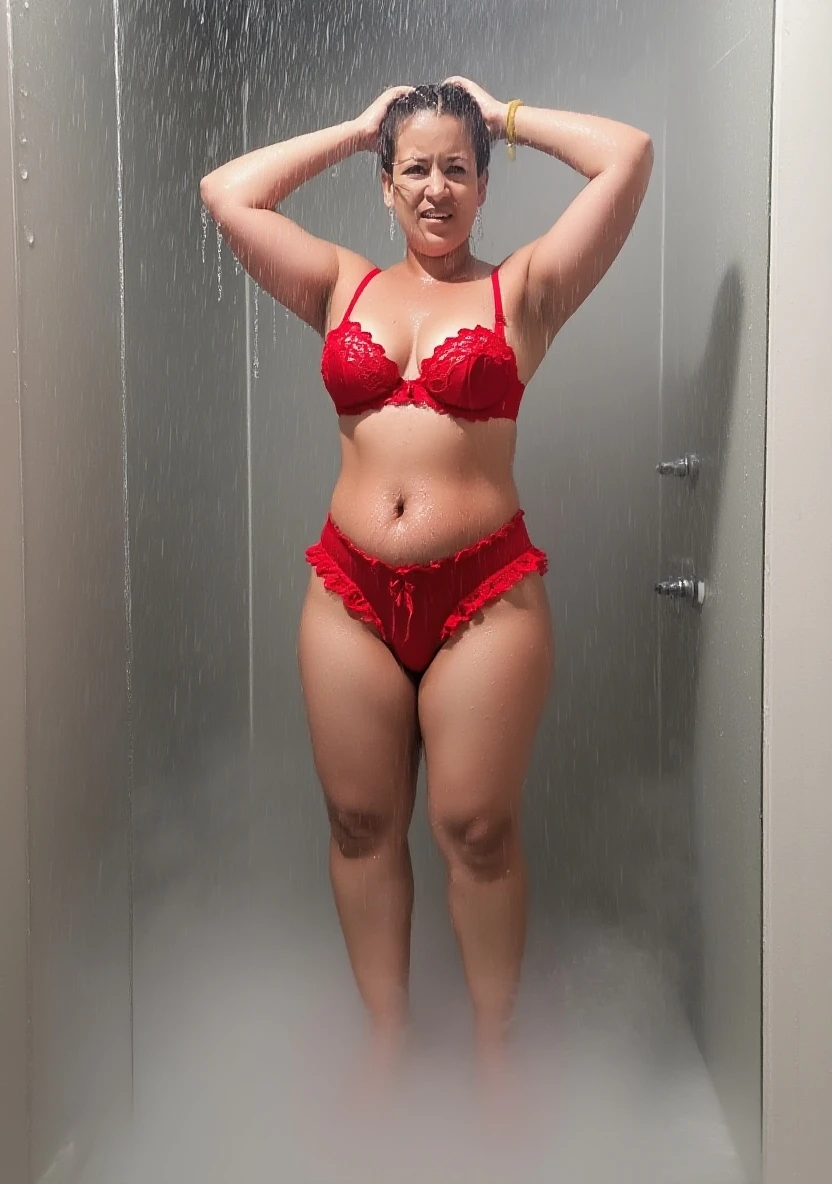 1woman,fullbody,(masterpiece:1.7),(photo-realistic,16k:1.1),(beautiful 40s japanese plump lady:1.4),locker room,(frilled :1.5),(sandals:1.3),(whimpering:1.5),(panicking:1.4),(crying:1.4),(wetting:1.4),(dripping :1.4), puddle,brown straight medium hair,black eyes,(heavy makeup:1.3)