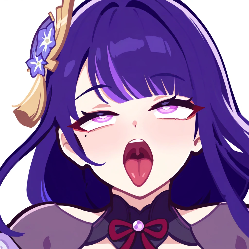 score_9,score_8_up,score_7_up,score_6_up,large tongue, 1girl, solo,saliva,tongue out,raiden shogun, genshin impact, japanese clothes, hair ornament,braided ponytail, long tongue,looking at viewer, naughty face, half-closed eyes <lora:large_tongue_xl_goofy:1>