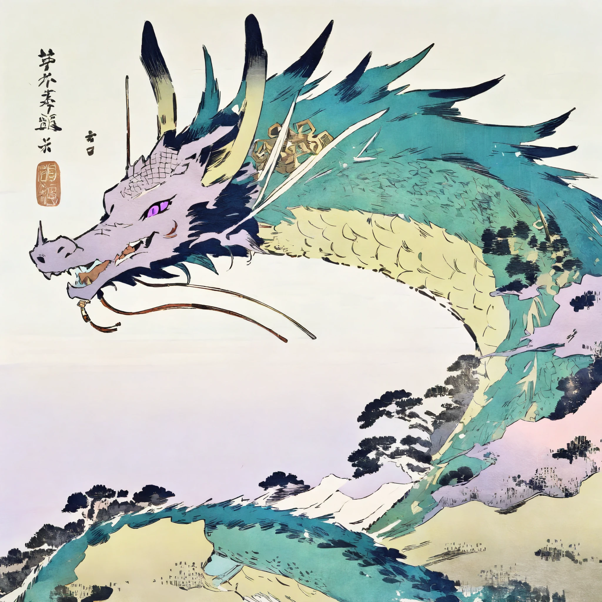 Asian dragon,gold and green,purple eyes,simple background