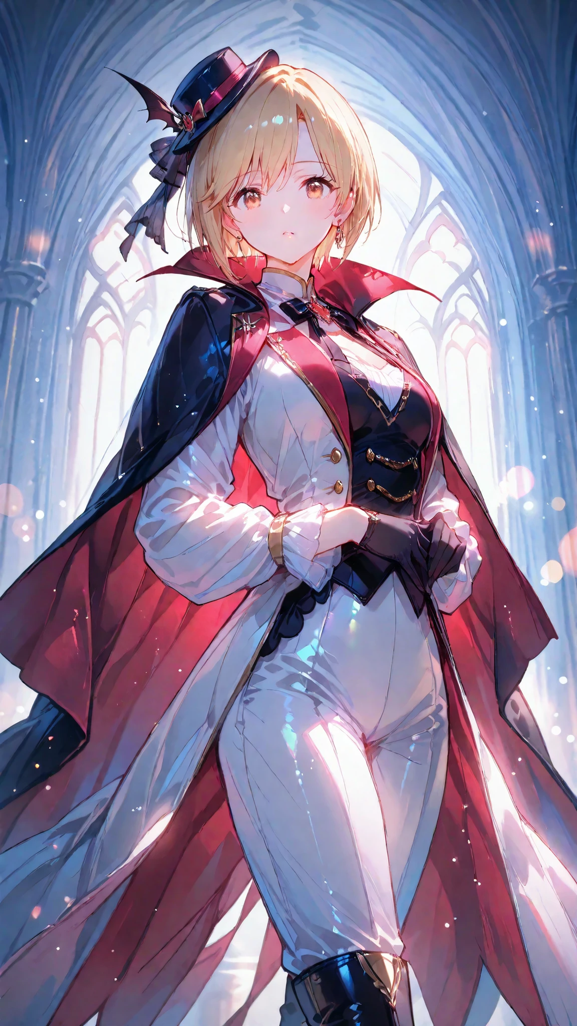 Best Quality, ultra detailed, masterpiece, 8k, 16k, Wallpaper, Anatomically correct, fine detailed skin, fine detailed eyes, fine detailed hair, fine detailed hands, Accurate hands, Dazzling Lighting, 1 girl, (aiba yumi), (medium chest:1.3), elegant design vampire noble costume, masculine appearance, high collar velvet jacket, semi-transparent chiffon sleeves, layered tulle details on coat tails, high-low coat design, dark velvet cape, small fascinator hat, jewelry and accessories, knee-high boots, tailored pants, gloves, wings, looking at Viewer, Colorful light particles, Depth of Field, bokeh, moya, lens flare, film reflections, distortion, glitter effect,