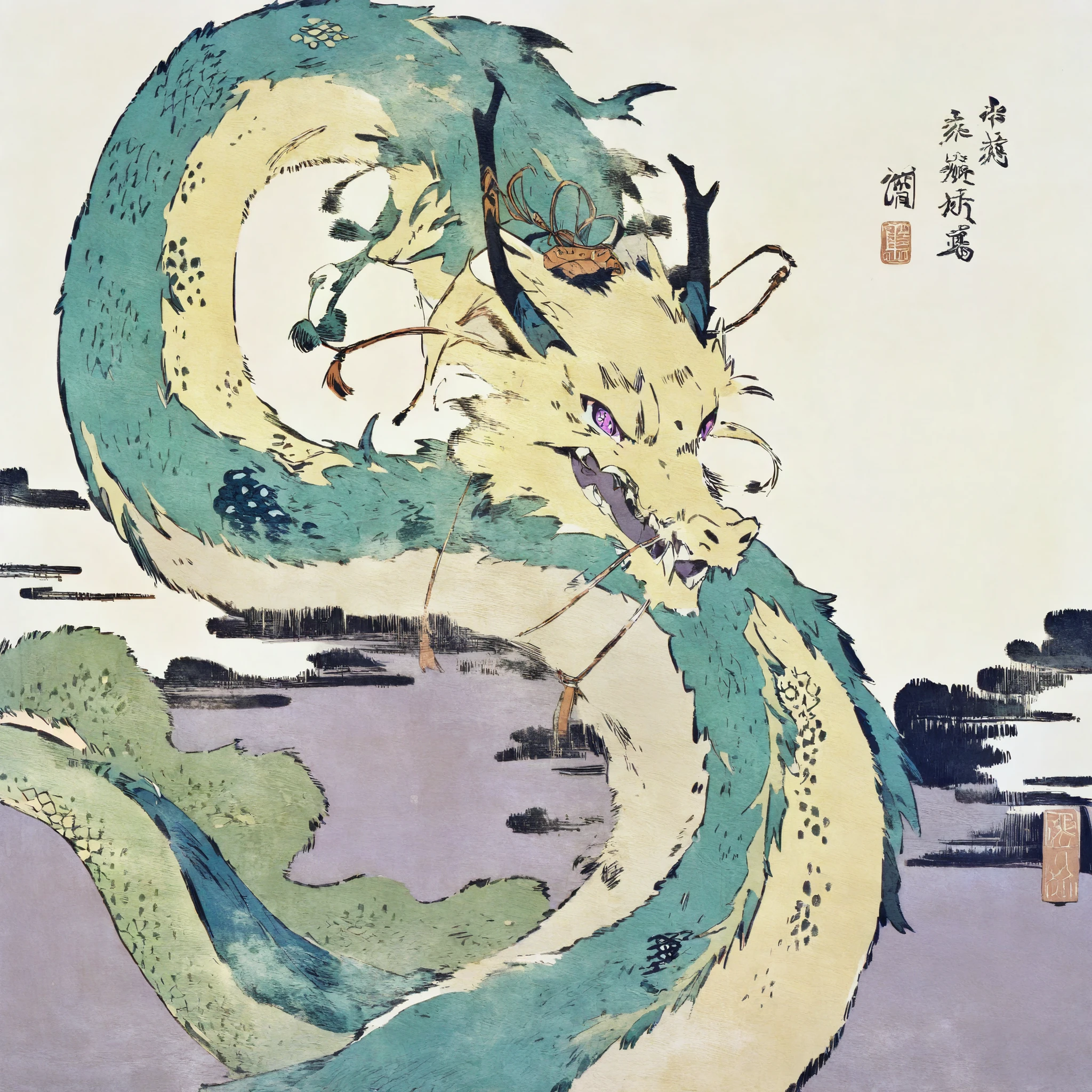 Asian dragon,gold and green,purple eyes,simple background