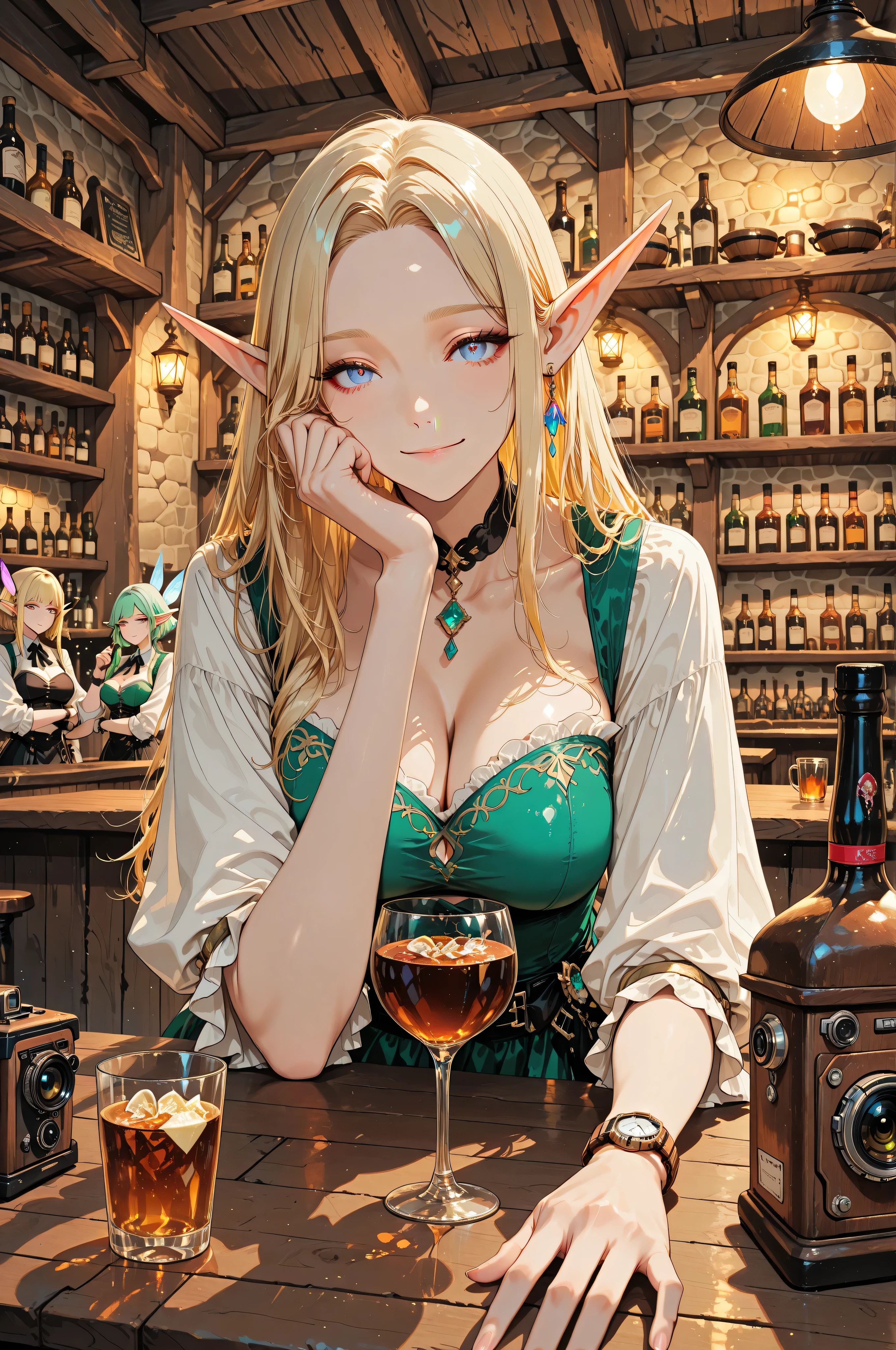 completed_120%, completed_130%, completed_150%, score_9_up, score_8_up, score_7_up, Tavern, bar, Fantasies Taken with a Nikon Z7 II Mirrorless Camera, Lots of customers , beautiful elves at the counter, The elf is blonde, beautiful, Fairy Beauty, MS, cute, Drinks with Unreal Colors, Magically Brewed Alcohol, Heal Your Soul, Watch Out for Elven Pranks, first half of 30、