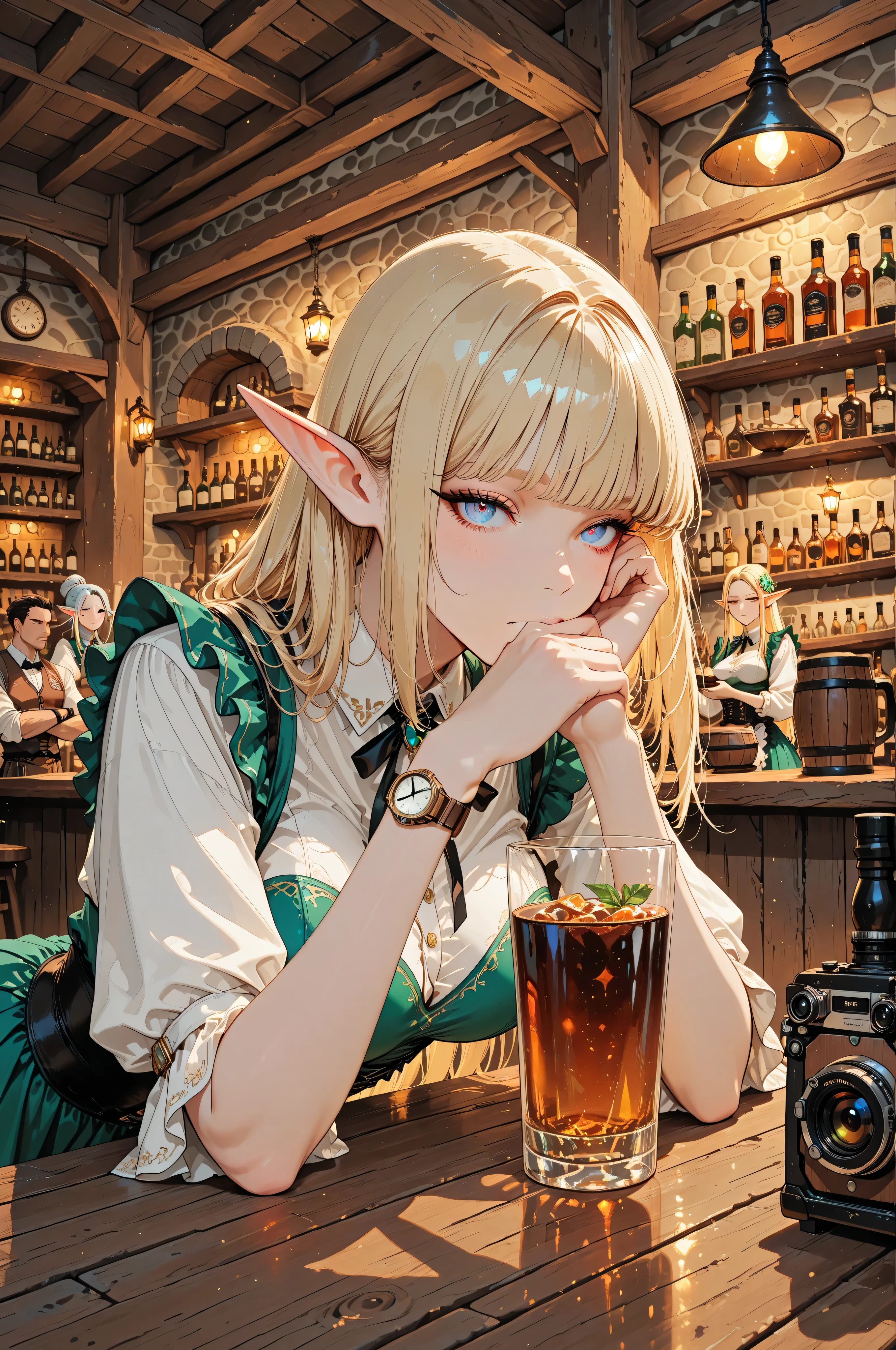 completed_120%, completed_130%, completed_150%, score_9_up, score_8_up, score_7_up, Tavern, bar, fantasy taken with a Nikon Z7 II mirrorless camera, Lots of customers , beautiful elves at the counter, The elf is blonde, beautiful, Fairy Beauty, MS, cute, Drinks with Unreal Colors, Magically Brewed Alcohol, Heal Your Soul, Watch Out for Elven Pranks, first half of 30、fellatio