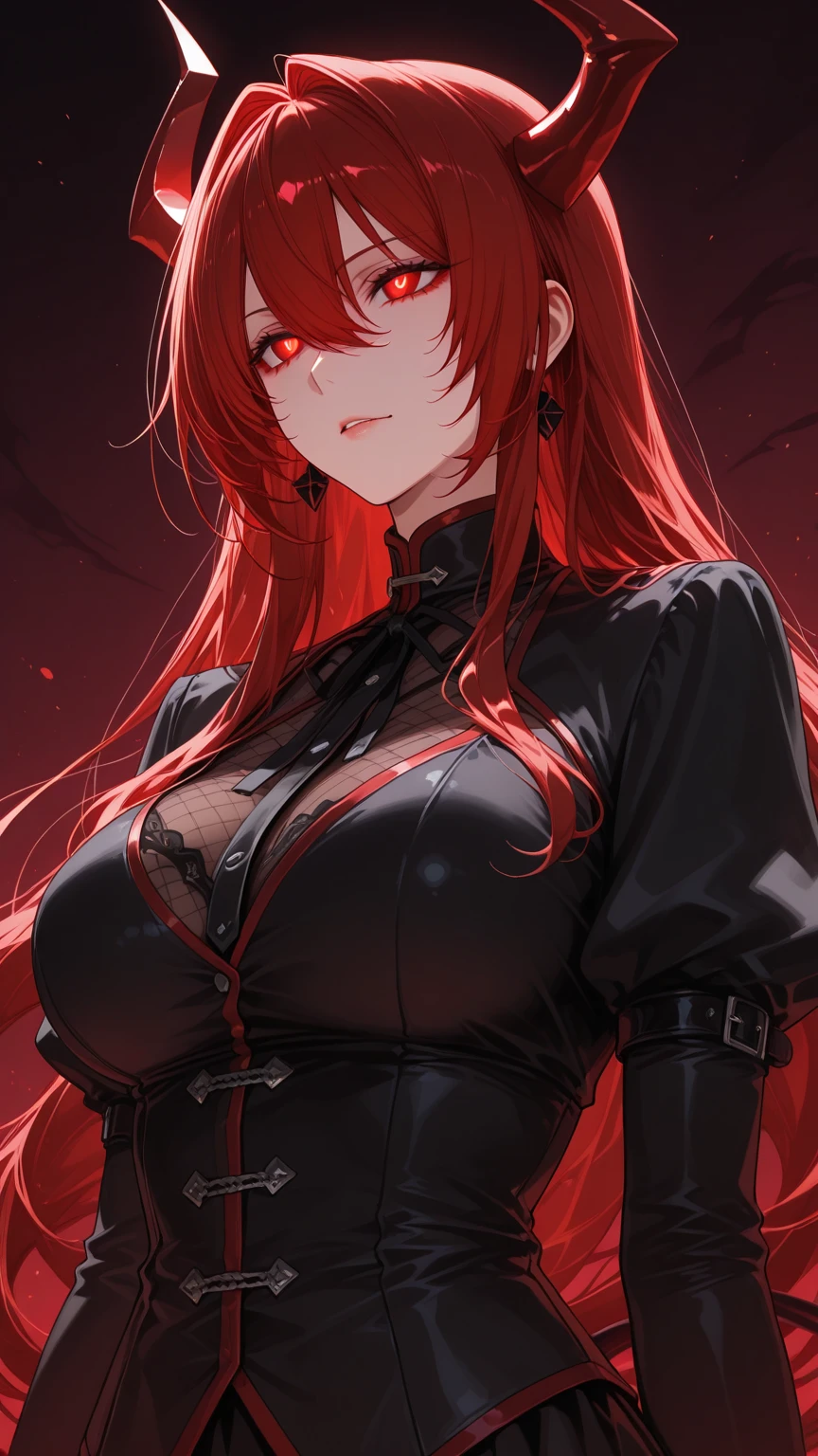 Long crimson hair, crimson eyes, evil, , black and red clothes, evil face, evil, serious look, gloss lips, sinister, front look, bloody, gloves, close up, portrait, beautiful eyes, dark place, night, sensual, straight hair cut, clear skin, evil, young 30 years girl, adult girl, solo, red, very long hair, ankle length hair, handsome older WOMAN，crimson-eyes，crimson pupils，Long white hair，Hyperresolution，accuracy，Detailed rendering,（Image of fine hair）（topquality）（Masterpieces of masters）（High degree of completeness）（A sense of atmosphere）tmasterpiece，Super detailed and super detailed（((full-body)))(((red and black fighter outfit)))(((Red hair))))(((Bigger )))