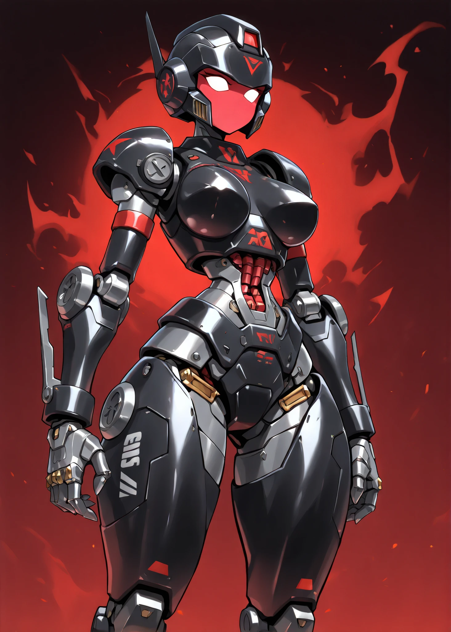score_9 , score_8_up , score_7_up , ((Masterpiece)) , ((highres)) , (1girl , solo) , from the front, (((evil))) , shading , sharp focus , raytracing , standing , 23yo , (((black evil armor))) , Arcee_\(TranformersPrime\) , (((metallic breasts , metallic skin , metallic hands , metallic body , robotic body))) , helmet , (((red face))) , (((no nose , no mouth))) , (((thin waist , wide hips , thick thighs))) , big breasts , cyborg , no nipples , no vagina , nude , naked , ((very detailed intricate gothic black and red background)) , (((Simple anime Style))), (((robotskin, robot skin)))