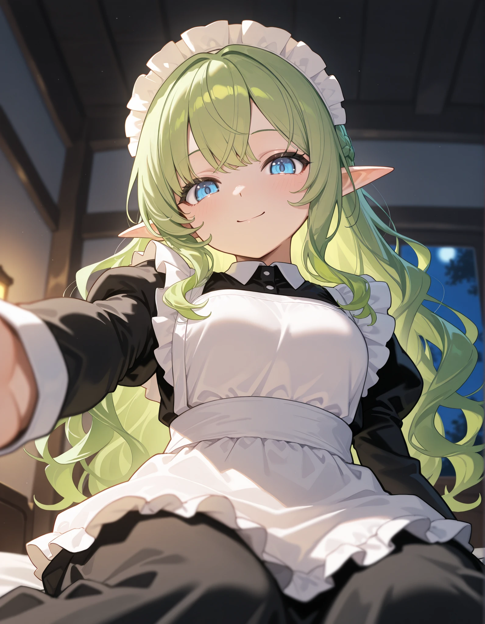 pov lap pillow, (maid), one girl, headdress, night, looking viewer, perfect face, cute, green hair, beautiful eyes,blue eyes,shiny eyes, smile eyes,pointy ears, wavy hair, long hair,elf ear,indoor,sitting on bed,reaching out,looking down,from below,low angle,pov,high quality,high detailed,masterpiece