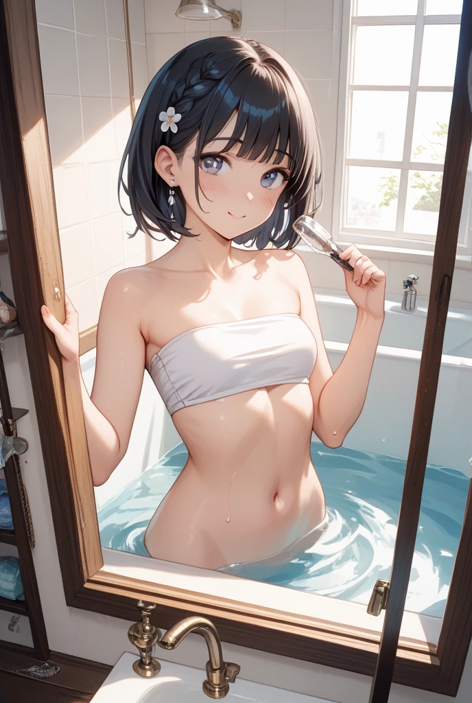 very pale Ariana Grande smiling, young 30 year old woman, smaller  size, long straight black hair, hair bangs, single long pony tail, hair framing face, light blue eyes, cinematic natural light, organic dust particles in the light, sensual, 4k, look at camera, highly detailed face, (((full-body))),  ((showering in brightly lit yellow tiled bathroom)), ((white tiny string ))