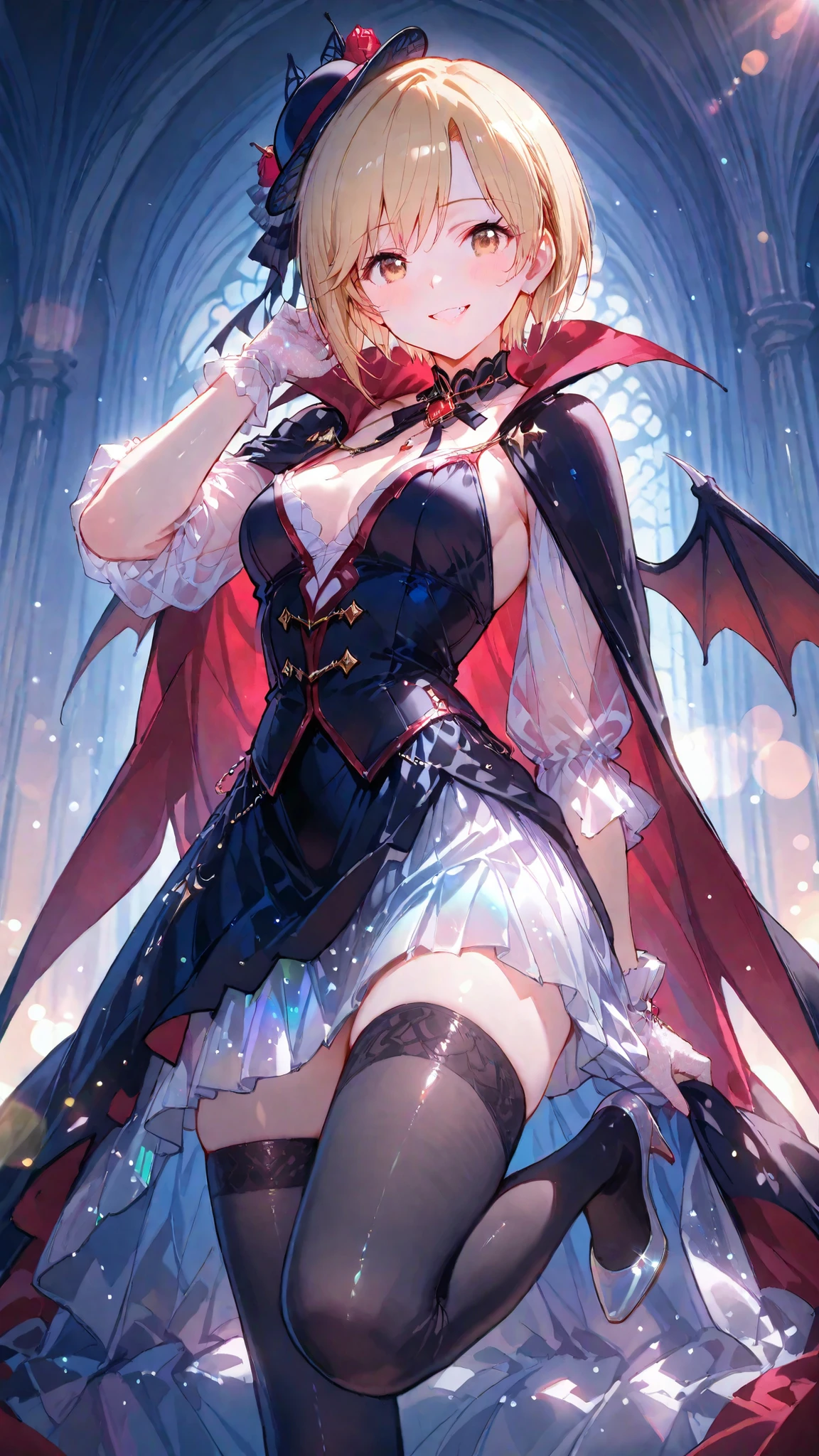 Best Quality, ultra detailed, masterpiece, 8k, 16k, Wallpaper, Anatomically correct, fine detailed skin, fine detailed eyes, fine detailed hair, fine detailed hands, Accurate hands, Dazzling Lighting, 1 girl, (aiba yumi), (medium chest:1.3), grin, fang, elegant design vampire queen costume, collar, see-through sleeve, High-Low skirt, tulle skirt, velvet cape with embellishments, fascinator, silver accessories, Thigh-high tights, zettai_ryouiki, high heels, lace glove, wings, Colorful light particles, Depth of Field, bokeh, moya, lens flare, film reflections, distortion, glitter effect,