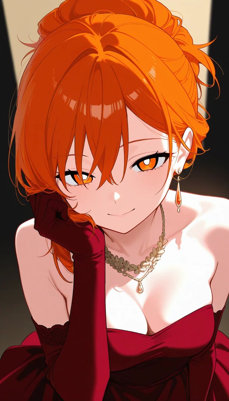 score_9, score_8_up, score_7_up, masterpiece, detailed, 4k, high quality, best quality, imtdrodan, 1girl, looking very closely at the viewer, close-up on the eyes, slight smile, dragon eyes, extremely detailed eyes, from side, from above, close up, red hair, elbow gloves, short hair, yellow eyes, ahoge, gradient hair
