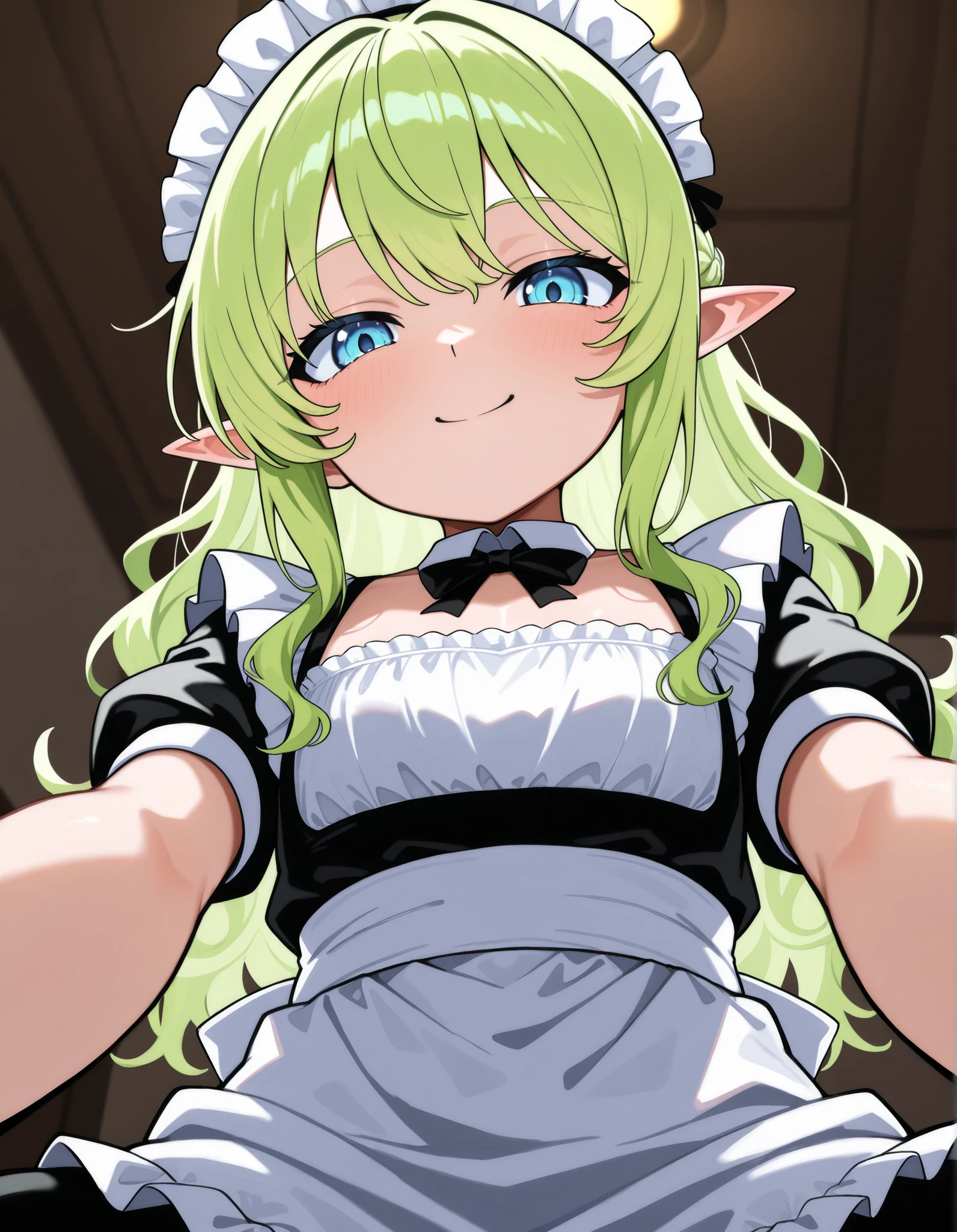 pov lap pillow,focus on chest,small chest,((ground level shot)), (maid), one girl, headdress, looking viewer, perfect face, cute, green hair, beautiful eyes,blue eyes,shiny eyes, smile eyes,pointy ears, wavy hair, long hair,elf ear,indoor,sitting on bed,dark room,reaching out,diddums viewer,((yosi yosi)),looking down,((from below)),(low angle),pov,looking at viewer,high quality,high detailed,masterpiece