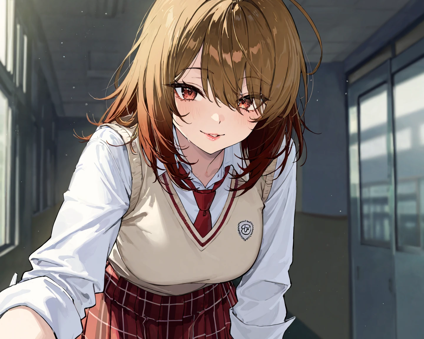 ((Highest quality, High resolution, Perfect Pixel, 4K)), (Beautiful Anime Girls), Depth of written boundary、
Yuigahama Yui, (:1.3)、
short hair, Single hair bun, Neck ribbon, White shirt, Dress shirt, blazer, Black jacket, , Long sleeve, Checked skirt,
Sweat、blush、
indoor、
pov, straddling,