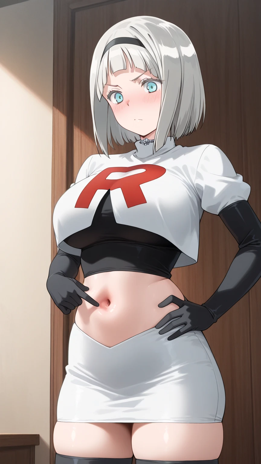 (masterpiece, best quality, ultra-detailed), AnnaNishikinomiya, white hair, aqua eyes, short hair, hairband, , team rocket,team rocket uniform,white skirt,crop top,black thigh-highs,black elbow gloves,