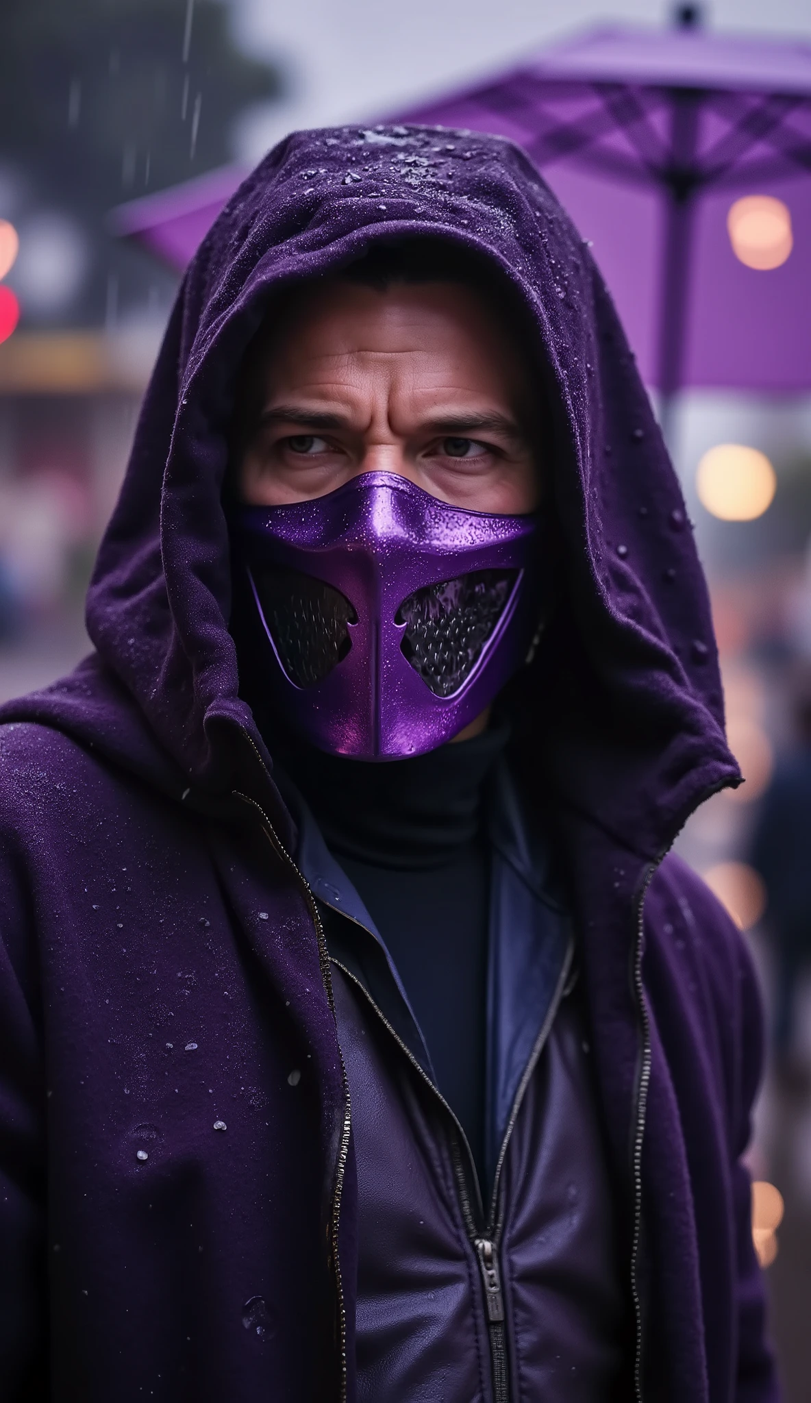 close up Ben AFFLECK as Rain from Mortal Kombat with dark purple costume and wet purple metallic mask covering his mouth, raindrops running down.
Fundo: Rua Londrina chuvosa, casas vitorianas, pole lights reflecting in pools of water, people with umbrellas. Cold, cinematic atmosphere with violet reflections.