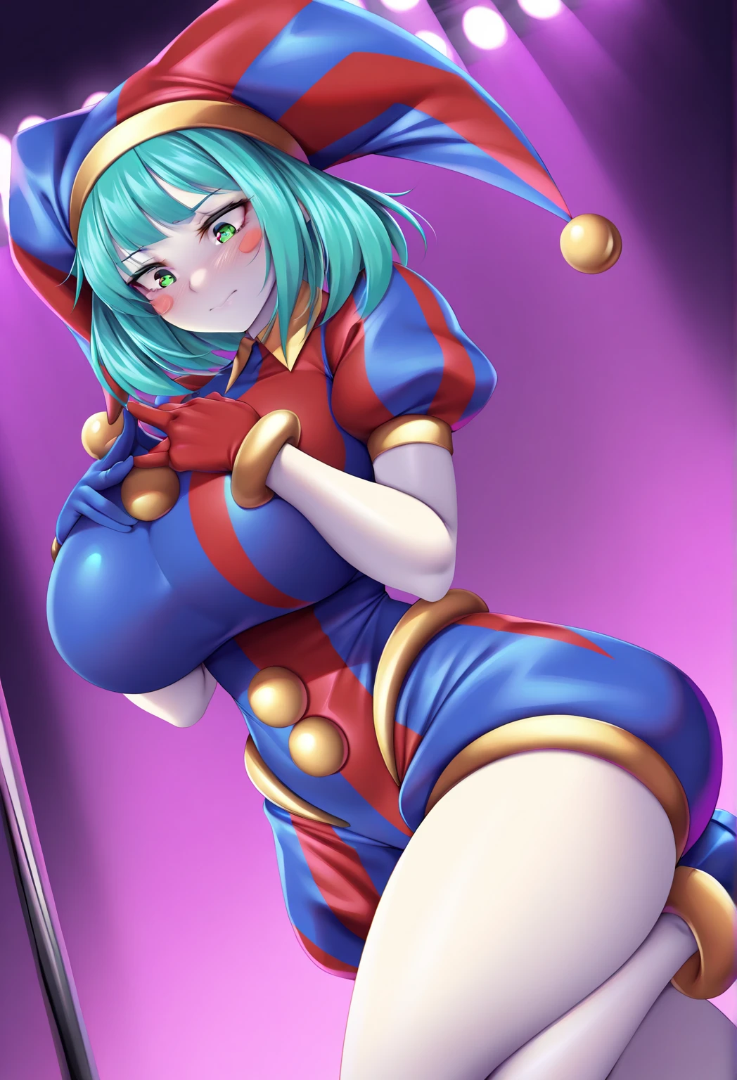 A 19-year-old woman, 1.60 meters tall, with straight blue hair in short pigtails; the pigtails are styled to resemble a jester's costume, with fair skin, soft red eyes, a B-cup bust, fine facial features, and a somber, almost terrifying jester costume primarily in red with vertical black lines to accentuate its design. The sleeves of the jester costume are detached and secured to the arm at the base of the elbow with black belts featuring dark gold buckles; the jester costume ends at the pubic area and is in the form of a miniskirt. Underneath the jester costume, she wears a full-body white leotard.