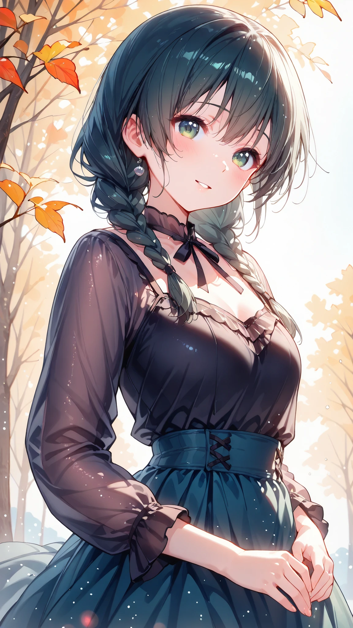 Best Quality, ultra detailed, masterpiece, 8k, 16k, Wallpaper, Anatomically correct, fine detailed skin, fine detailed eyes, fine detailed hair, fine detailed hands, Accurate hands, Dazzling Lighting, 1 girl, twin braids, solo, (medium chest:1.3), light-smile, Parted Lip, Tilt Head, wearing a lacy white chiffon blouse, Dark green checked skirt, Autumn Lighting, Autumn atmosphere, Colorful light particles, Depth of Field, bokeh, moya, lens flare, film reflections, distortion, glitter effect,