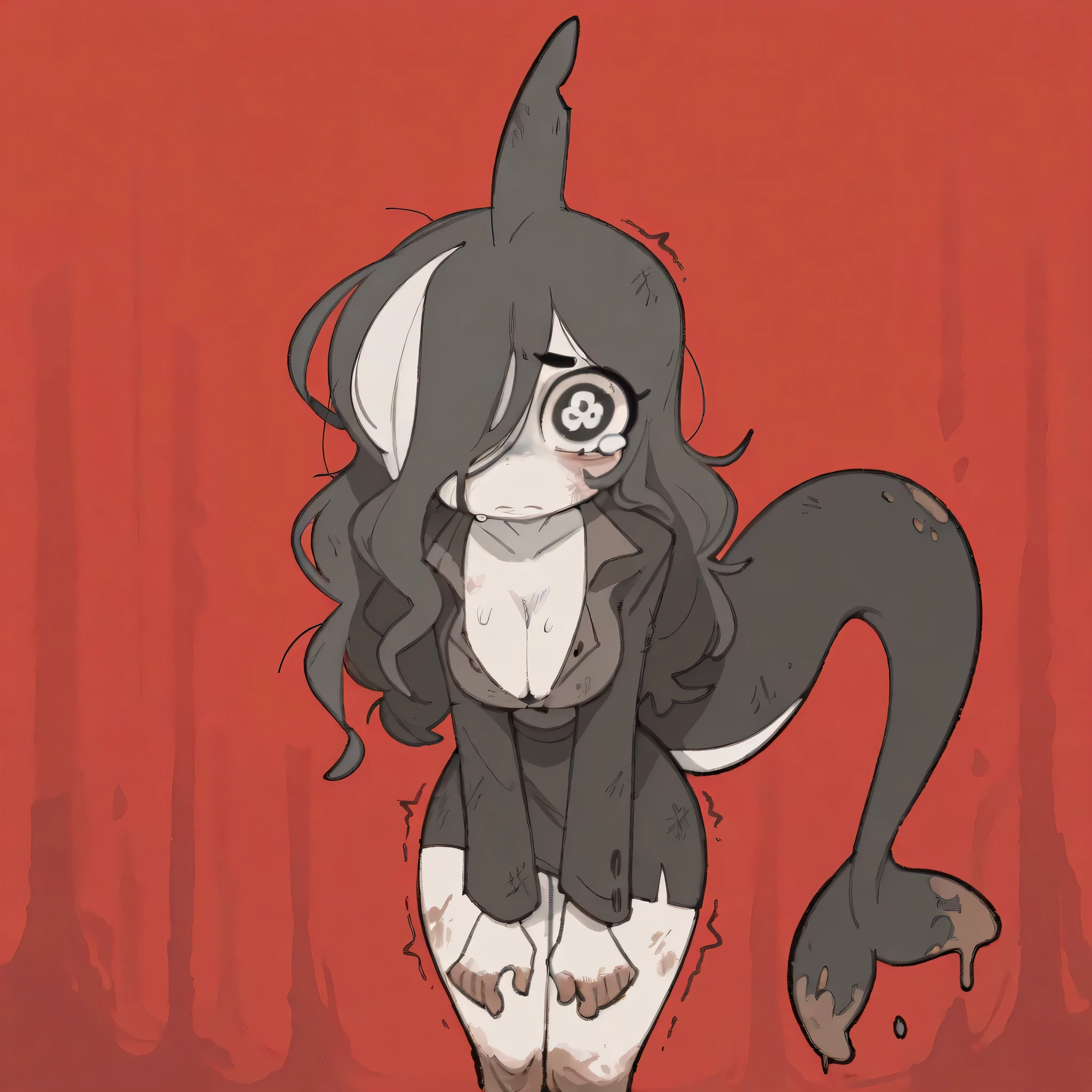 masterpiece, ultra-HD, impressionism, high detail, best quality, very aesthetic, 8k, best quality, beautiful, tmchng, 1girl , solo , pale skin , very long black hair , hair covered one eye , black eye , no eye reflex , wide eye , black suit , gray shirt , straight mini skirt , big breast , unbuttoned , cleavage , orca tail , dorsal fin on head , thighs , mouth slightly open gaping , tense expression , trembling body , sweaty , body damaged , dirty clothes , distressed facial expression , tears in eyes , bulooking at viewer, bruises , streaked hair , red background