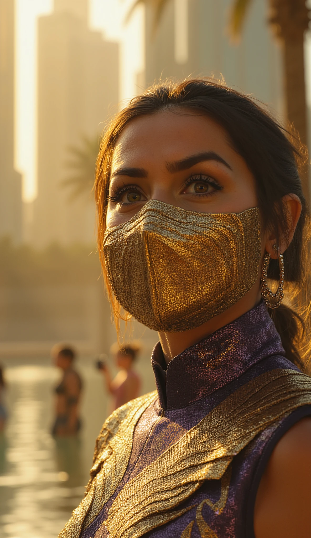 Close up Ana de Armas as Tanya from Mortal Kombat wearing a gold and purple costume, thin golden mask covering only the mouth and shiny jewels.
Fundo: boulevard moderno de Dubai, glass skyscrapers, carros de luxo, Palmeiras and artificial lake with golden reflections. People with elegant clothes and bright sunlight reflecting on surfaces.