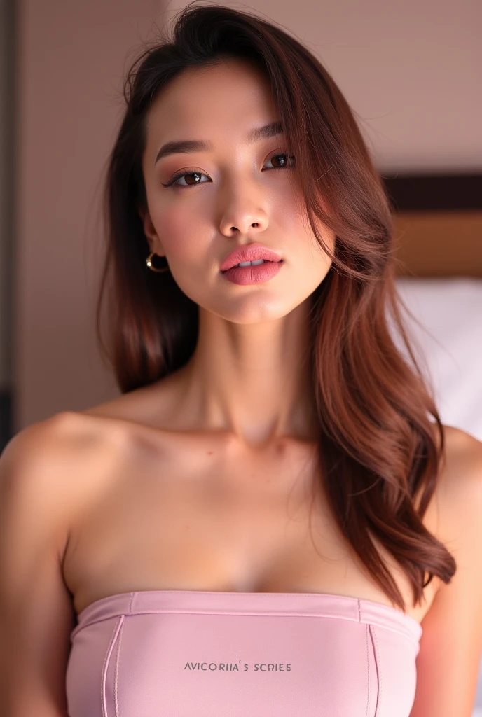 Create a (( mid-shot )) photorealistic image of a beautiful Asian woman with fair, smooth, flawless skin. She has large, round, sparkling eyes with naturally long and curled eyelashes, and well-defined, dark eyebrows. Her nose is straight and high, and her naturally pink, soft lips form a gentle smile. She has short, slightly curled brown hair that highlights her delicate facial features. Her face is oval-shaped, with a wide and high forehead, moderately high cheekbones, and a pointed, slender chin. (( waist to top)) ((,she is wearing string shoulder, visible black strap)), (()), As she confidently posing for camera, , studio light, gray background, (((full body)))