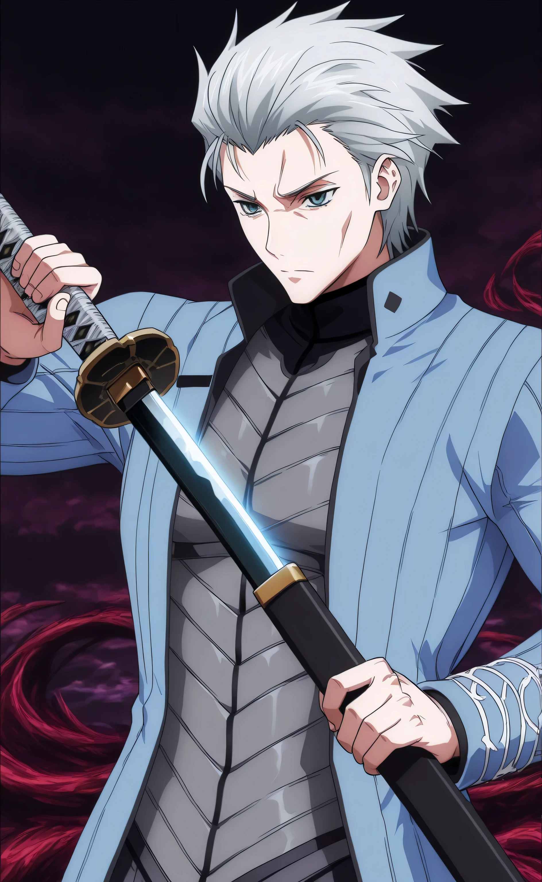 1male, solo, teenage, Vergil, silver hair, short hair, slicked back hair, vergil costume, katana, Unsheathing, big muscle, underworld, High School DXD Style