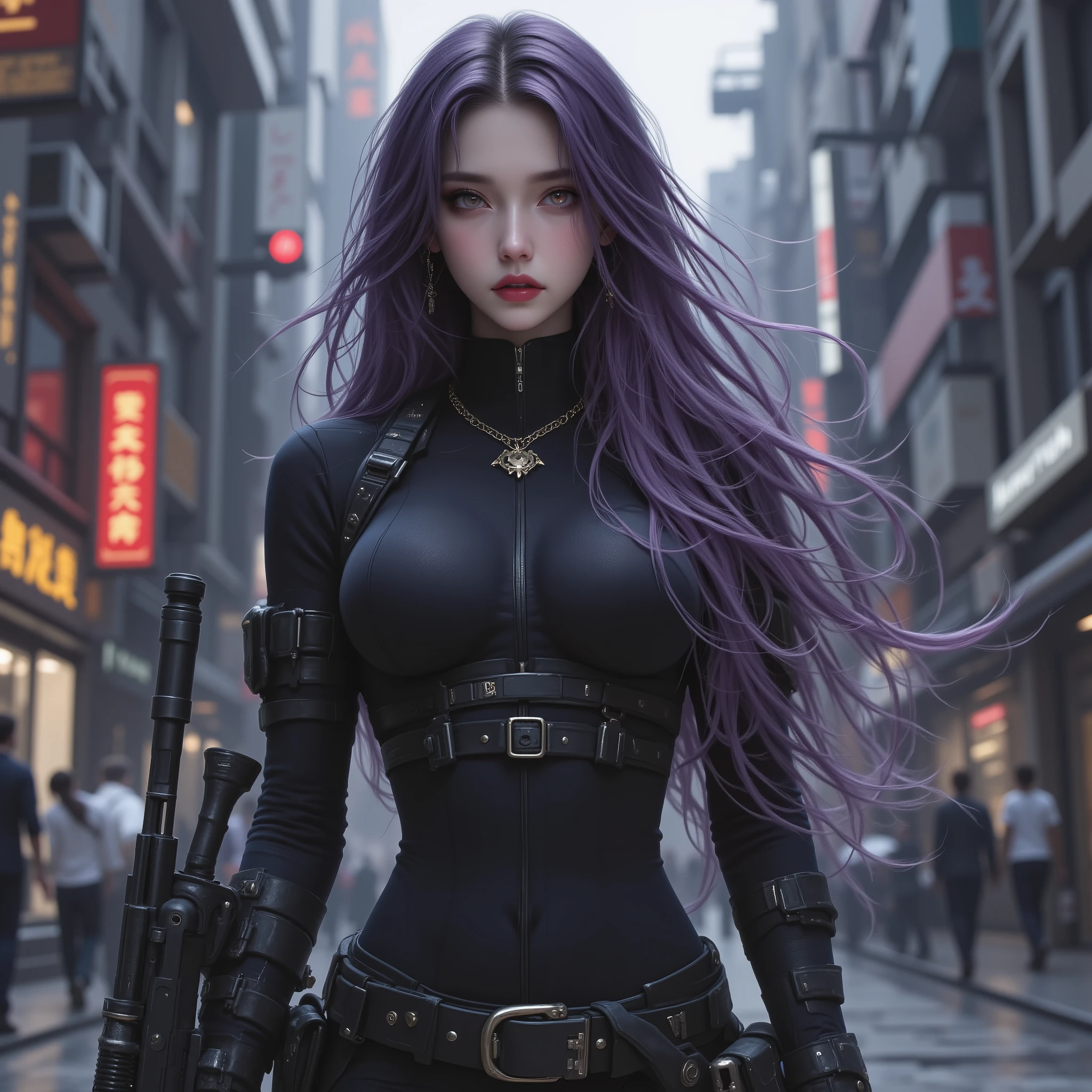 Photorealistic、realistic skin texture、extremely tight cyberpunk suit holding a rifle、beautiful long hair、a dim cyberpunk city with lots of weapons on your back、beautiful pale violet eyes、dark purple hair、I'm holding a rifle with my hand