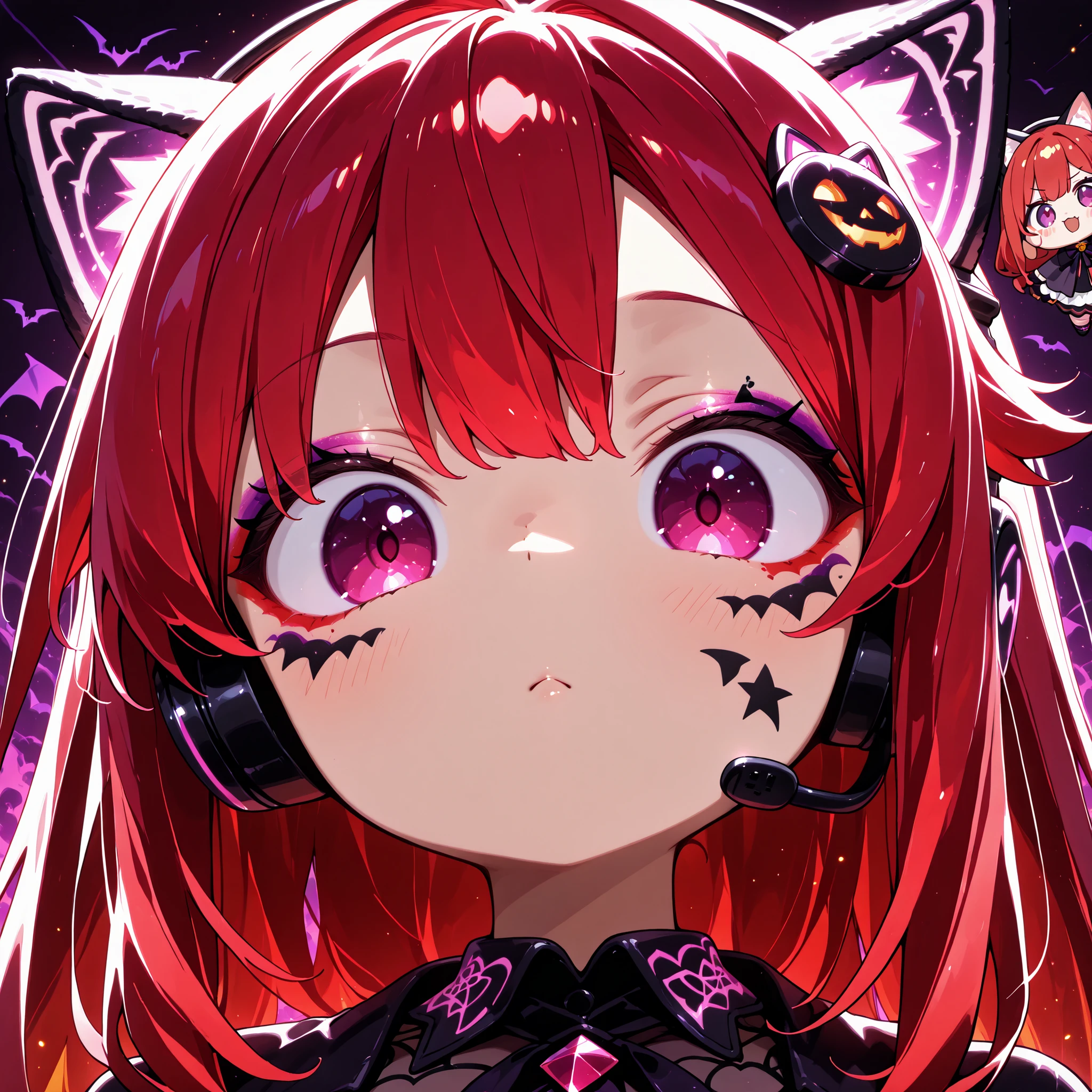front angle, close-up, (masterpiece, 4k, ultra detailed, vivid colors), {chibi}: (a very cute chibi version, long red hair, expressive and lively purple eyes, wearing a cat ears headset, with artistic makeup on her face inspired by Halloween), neutral background, no background