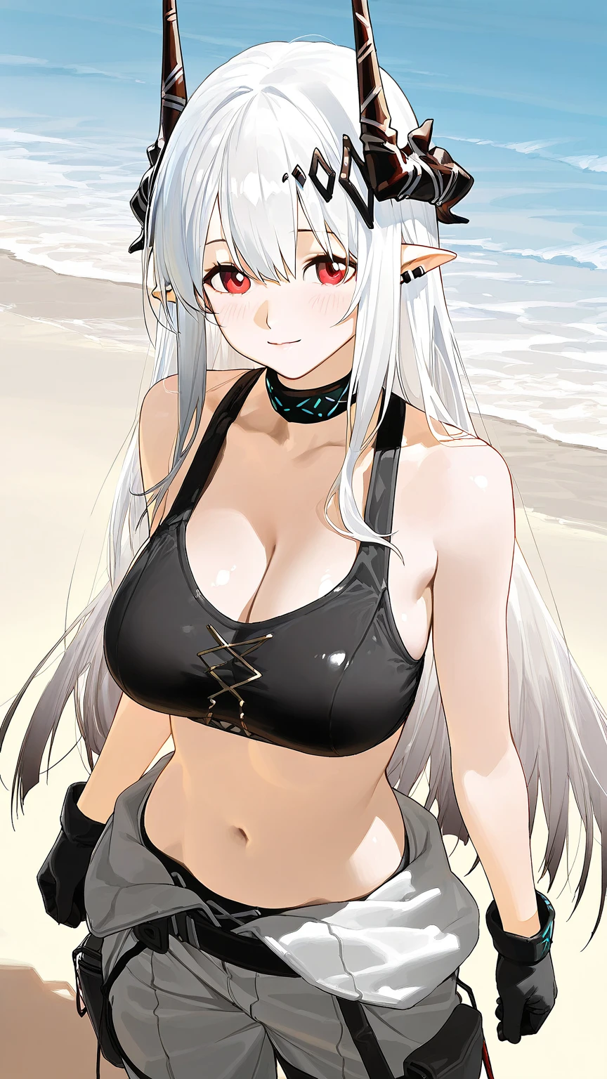 masterpiece, best quality, 1girl, solo, <lora:Ophelia_r1-000001:0.8> ophelia, white hair, long hair, red eyes, , open mouth, fangs,angry, upper body, cowboy shot, beach