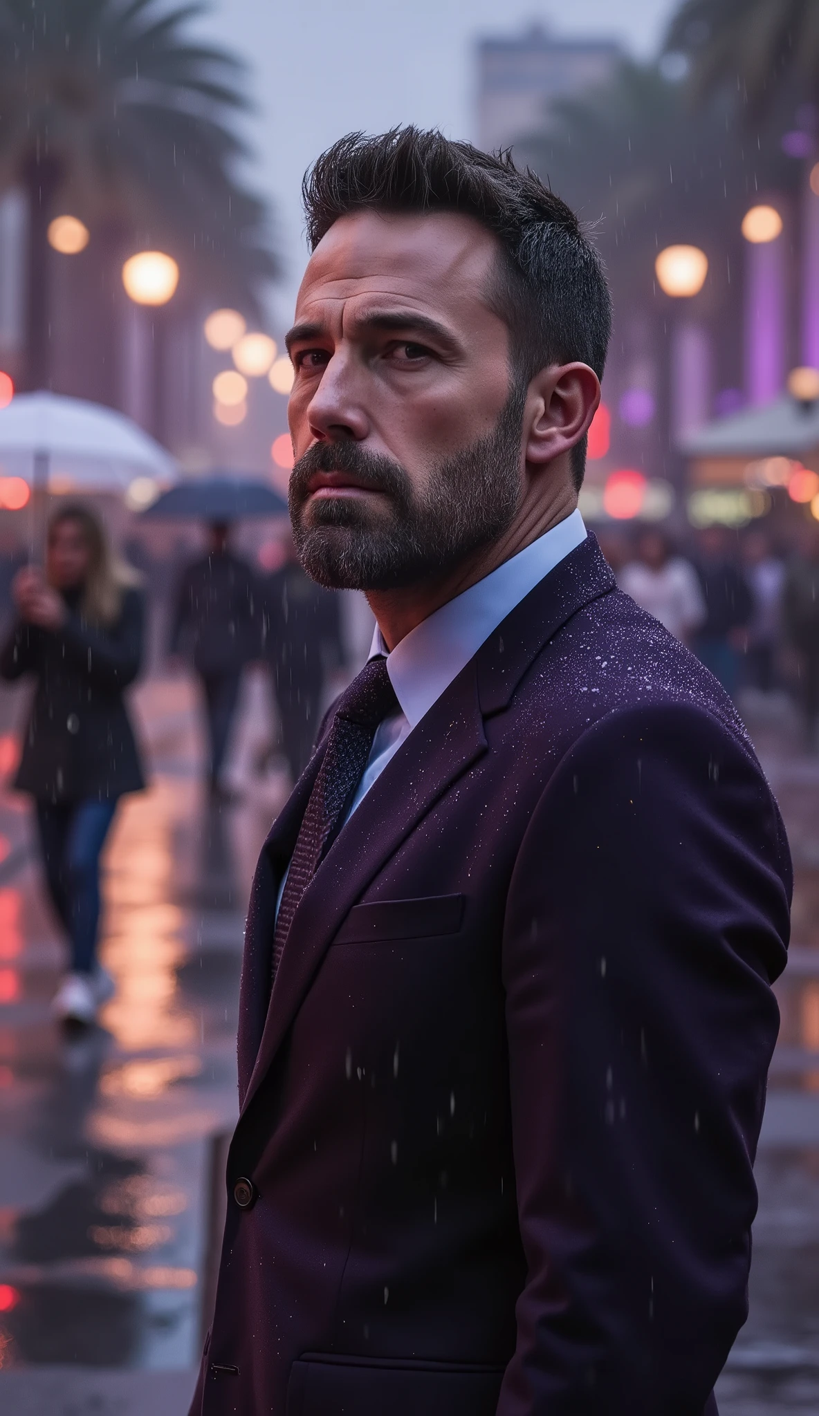 Close up Ben AFFLECK in dark purple suit, raindrops running down.
Fundo: Rua Londrina chuvosa, casas vitorianas, pole lights reflecting in pools of water, people with umbrellas. Cold, cinematic atmosphere with violet reflections.
