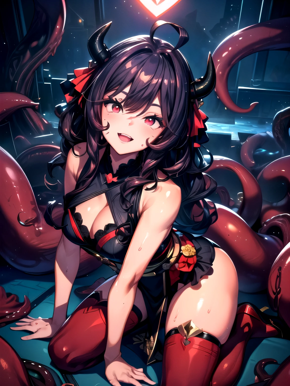 (Throne, surrounded by 100 tentacles, kneeling and straddling, bending over, covered in semen, tentacle brothel: 1.5). (Red-eyed demon princess, red eyes, demon princess, demon, dark skin, kimono covering the neckline, long length, Japanese style, night: 1.5). (Neckline covering clothing, long wavy hair, ahoge, red eye shadow, red blush, sparkling eyes, slanted eyes, cute face, cute smile, slightly open mouth, pose that shows off the cutest look, floating heart: 1.5). (Unreal Engine, rim light, glossy texture, detailed face: 1.5). (UHD, retina, masterpiece, accurate, anatomically correct, textured skin, ultra-detailed, high definition, high quality, award-winning, top quality, high resolution, 4K: 1.5)