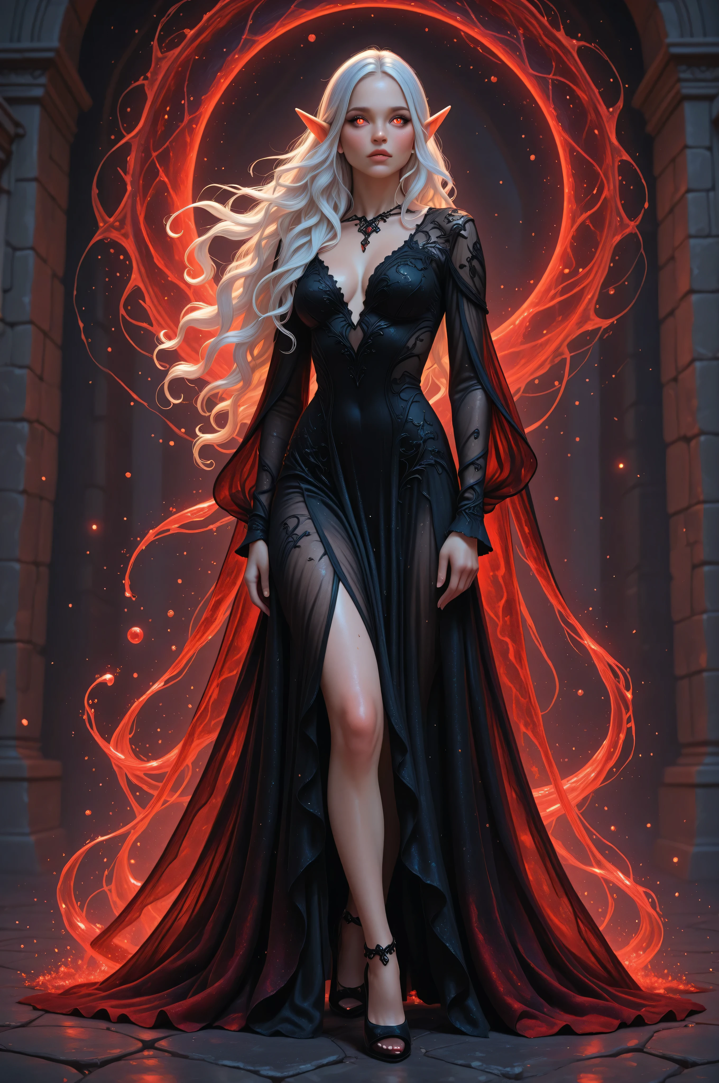 femillustration, portrait a female elf, fair skin, white hair, long hair, wavy hair, flowing hair, sparkling red eyes, ruby diamond eyes, there are jewelry in her hair, wearing dark silk dress, intricate dress, high heels, best quality, 16k, ultra detailed, masterpiece, best quality, (extremely detailed), dynamic angle, ultra wide shot, photorealistic, fantasy art, dnd art, fantasy art, realistic art, perfect face, perfect body, glow outline perfect face, perfect body