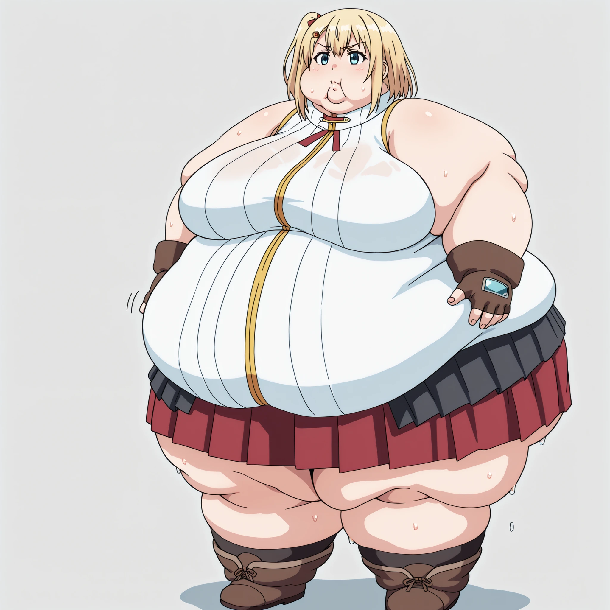 source_anime,  emma brightness, short hair, blue eyes, blonde hair, hair ornament, hairclip, large breasts, skirt, gloves, boots, sleeveless, socks, fingerless gloves, red skirt, brown footwear, brown gloves, blank_stare, empty_stare,  fat, chubby, obese, gigantic arms and legs, large breasts, sweating, wet body, swollen face, Fat_neck , Fat head , eyes with crushed cheeks , nose with crushed cheeks , mouth with crushed cheeks , chin roll,
only head, large head, oversized limbs, large hands, large feet, oversized feet, oversized fingers, big lips, plump lips, fat face, fupa, big fupa, fat fupa, 